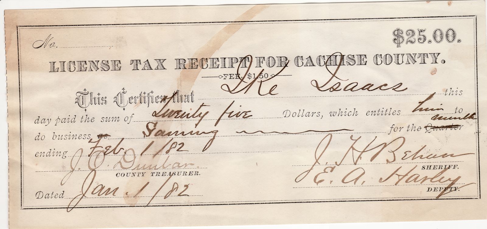 Western Gambler "Ike" Isaacs' Tombstone Gaming License Signed By Sheriff Johnny Behan