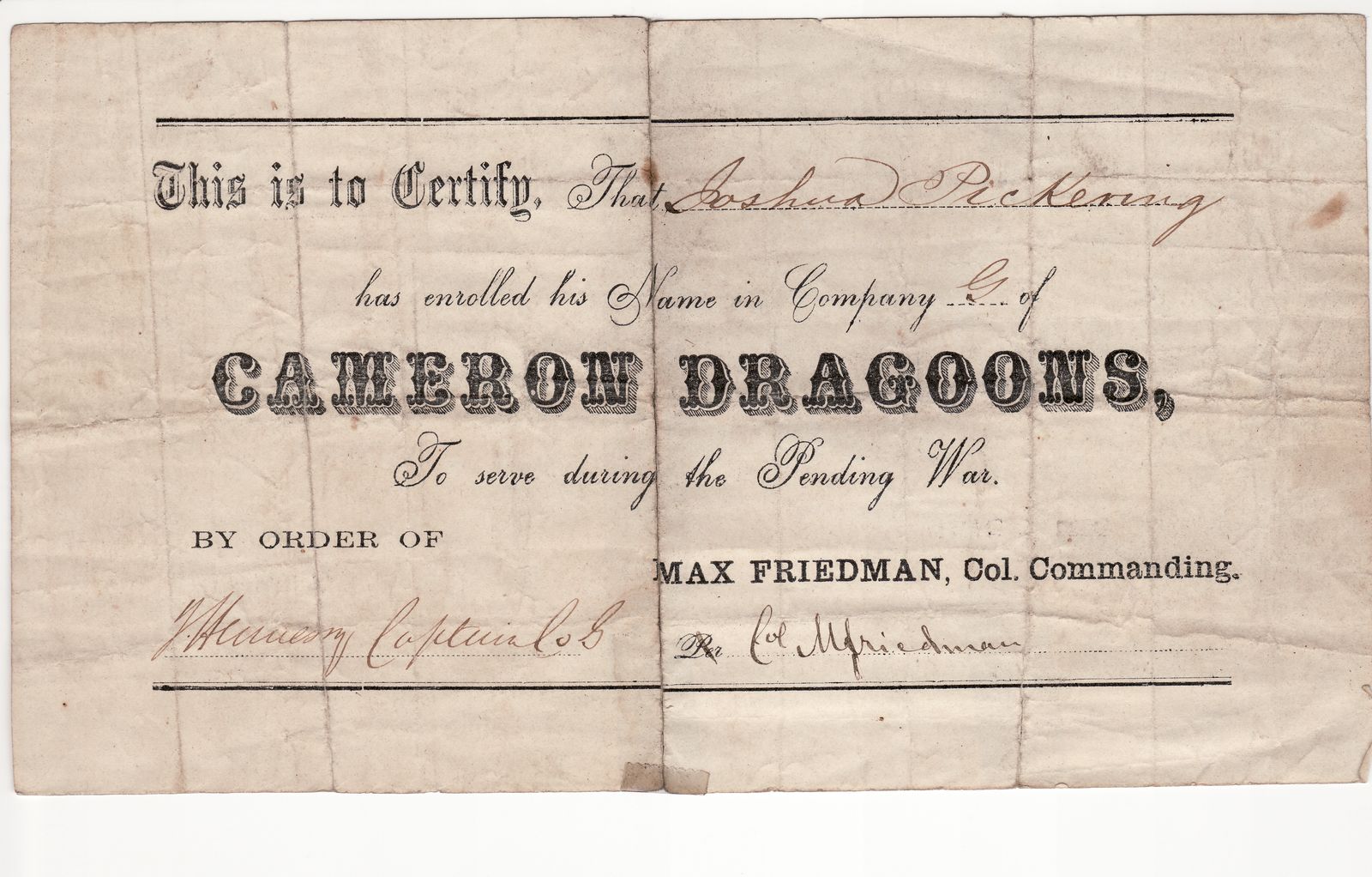 Jewish Colonel Max Friedman Certifies an Enlistment into the Cameron Dragoons