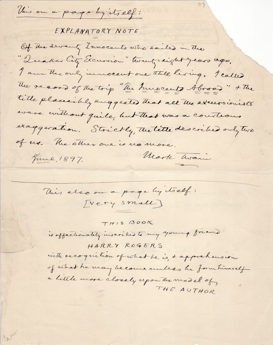 Mark Twain's Mockup of Title Page and Dedication of "More Tramps Abroad,"Note About "Innocents Abroad"