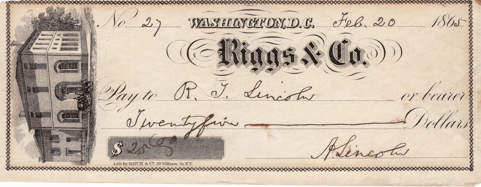 Abraham Lincoln's Check to His Son, Robert Lincoln, to Equip Him For Service Under Grant