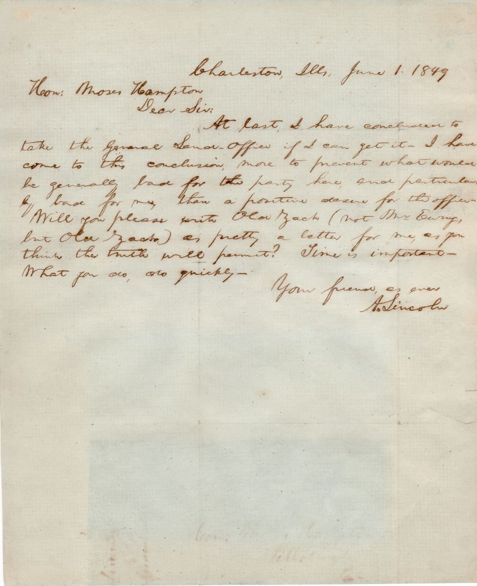 Campaigning for General Land Office Commissioner, Lincoln Asks Congressman to Write to “Old Zach” About Him
