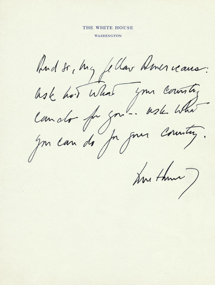JFK’s Handwritten Quote: “Ask not what your country can do for you - ask what you can do for your country”