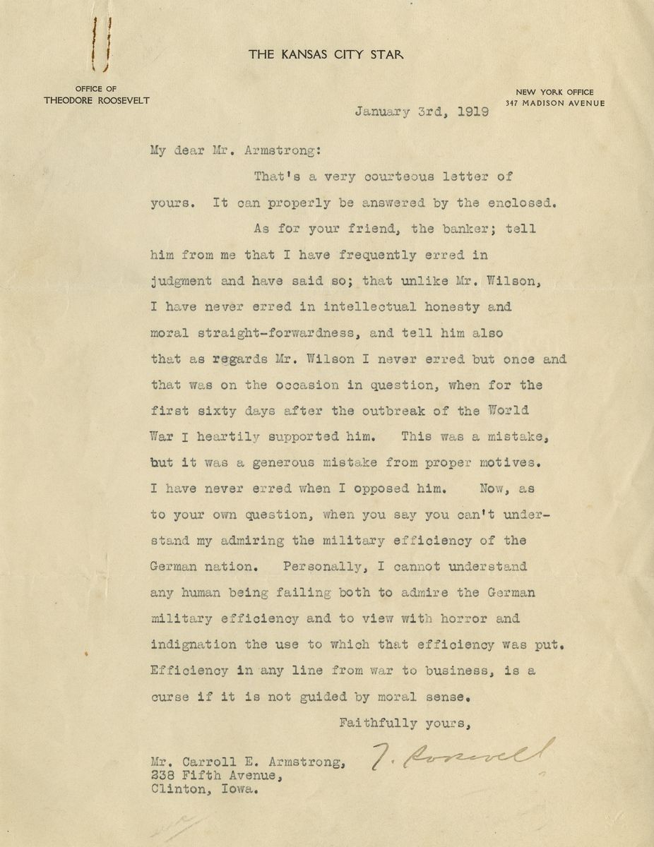 A Final Roar: In One of His Last Letters, Theodore Roosevelt Blasts Woodrow Wilson