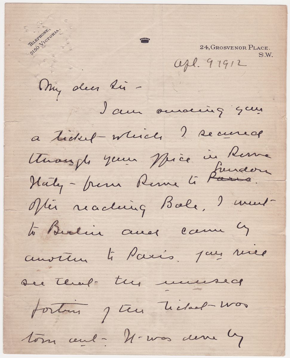 Major Archibald Butt, Military Aide to Roosevelt and Taft, Writes the Day Before Boarding the Titanic