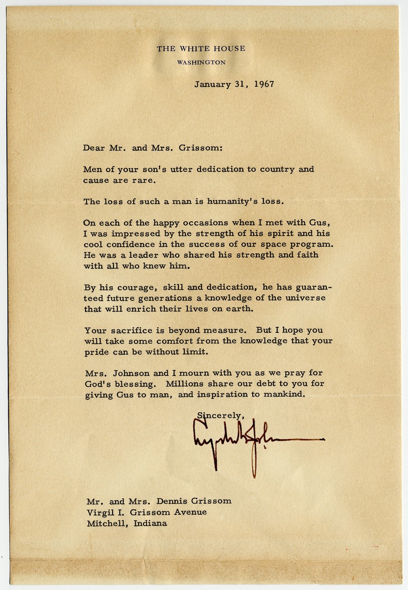 Lyndon B. Johnson Writes to the Parents of Astronaut Gus Grissom, Killed in the Apollo I Fire