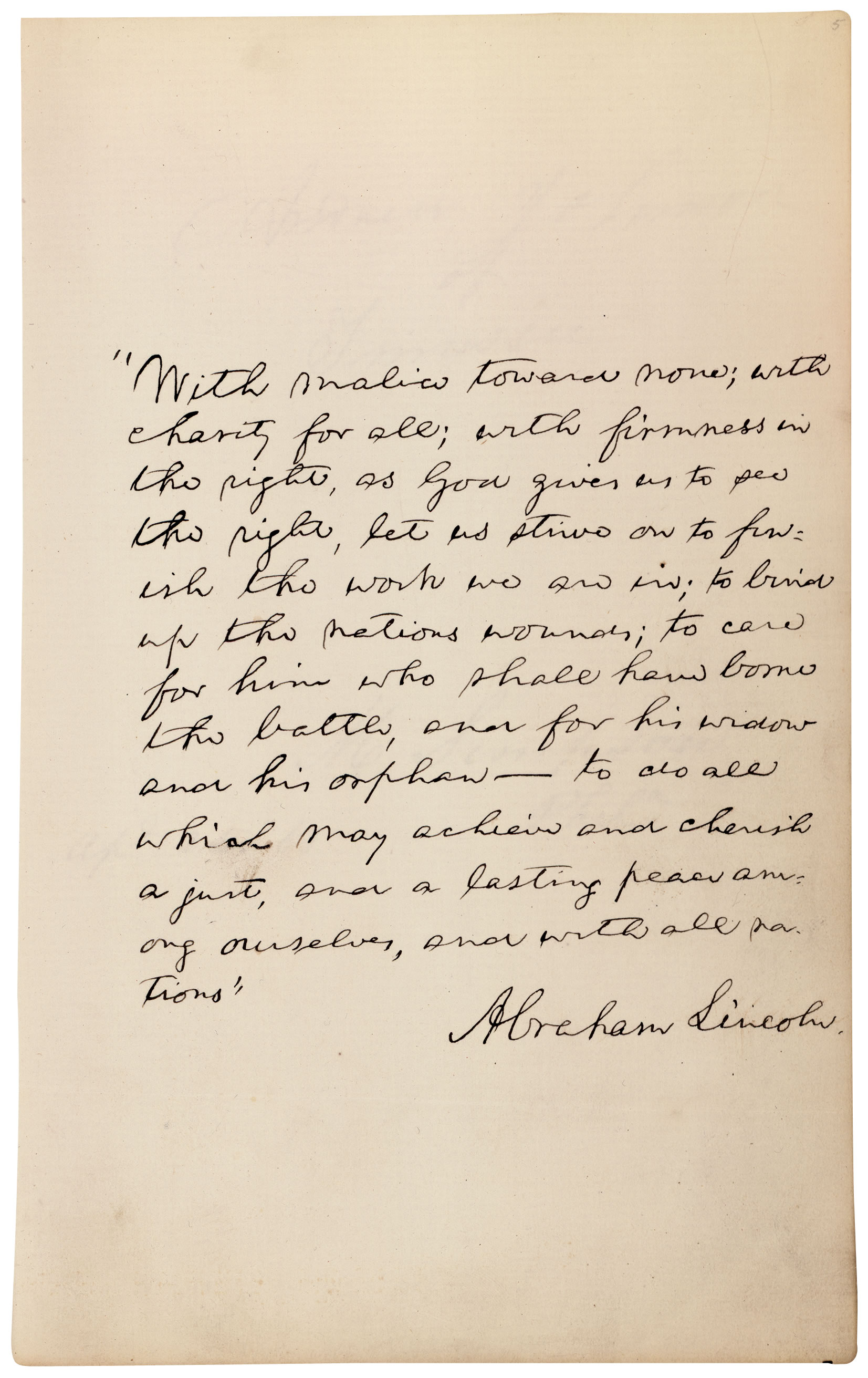 Lincoln's Second Inaugural Address Transcript & With Malice Toward None Quote in Autograph
