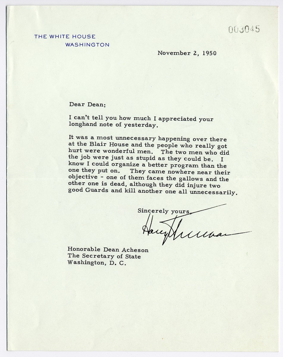 President Harry Truman Writes about the Assassination Attempt on His Life Just the Day Before