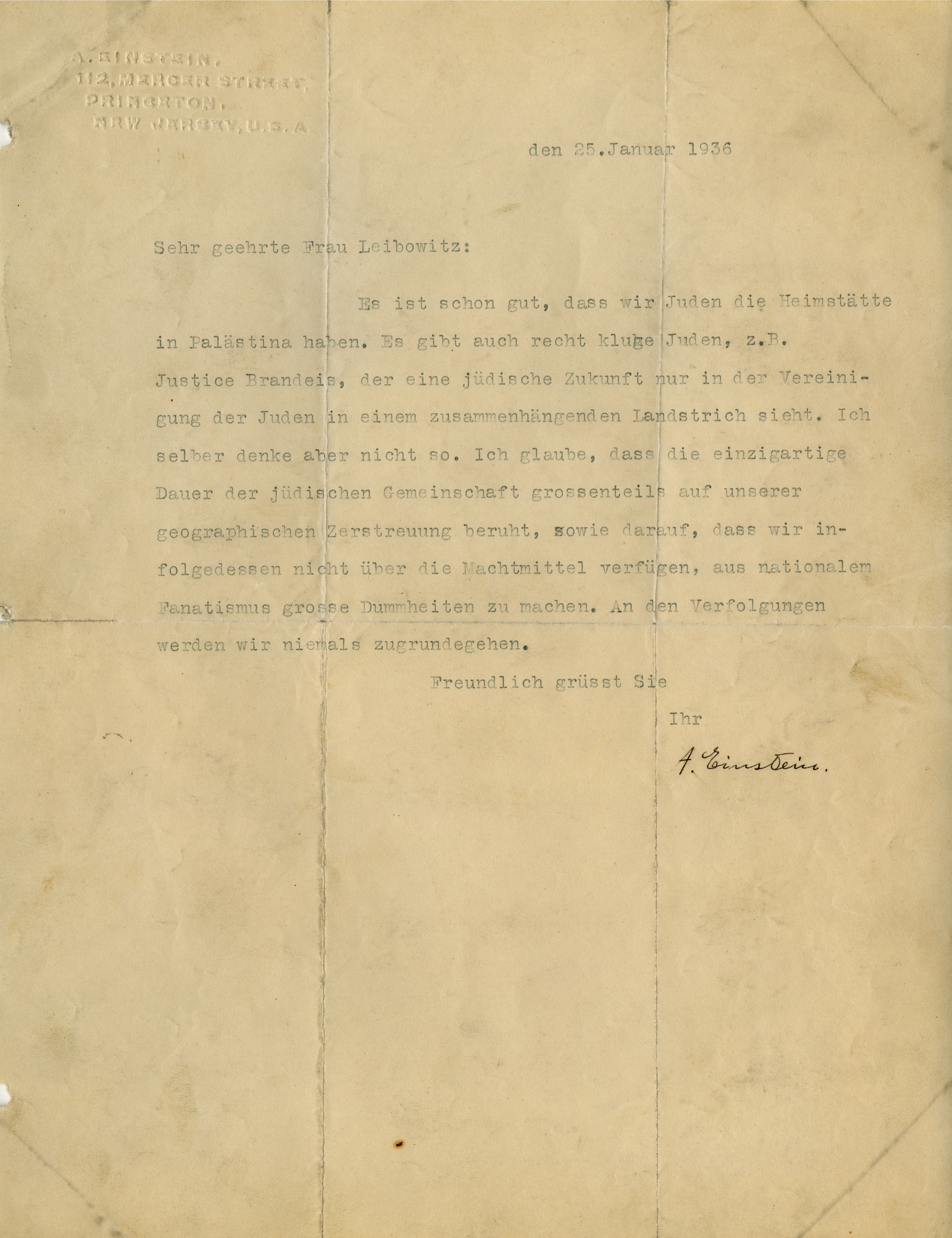 Albert Einstein Disagrees with Louis Brandeis; Argues that Palestine is Not the Key to Jewish Survival