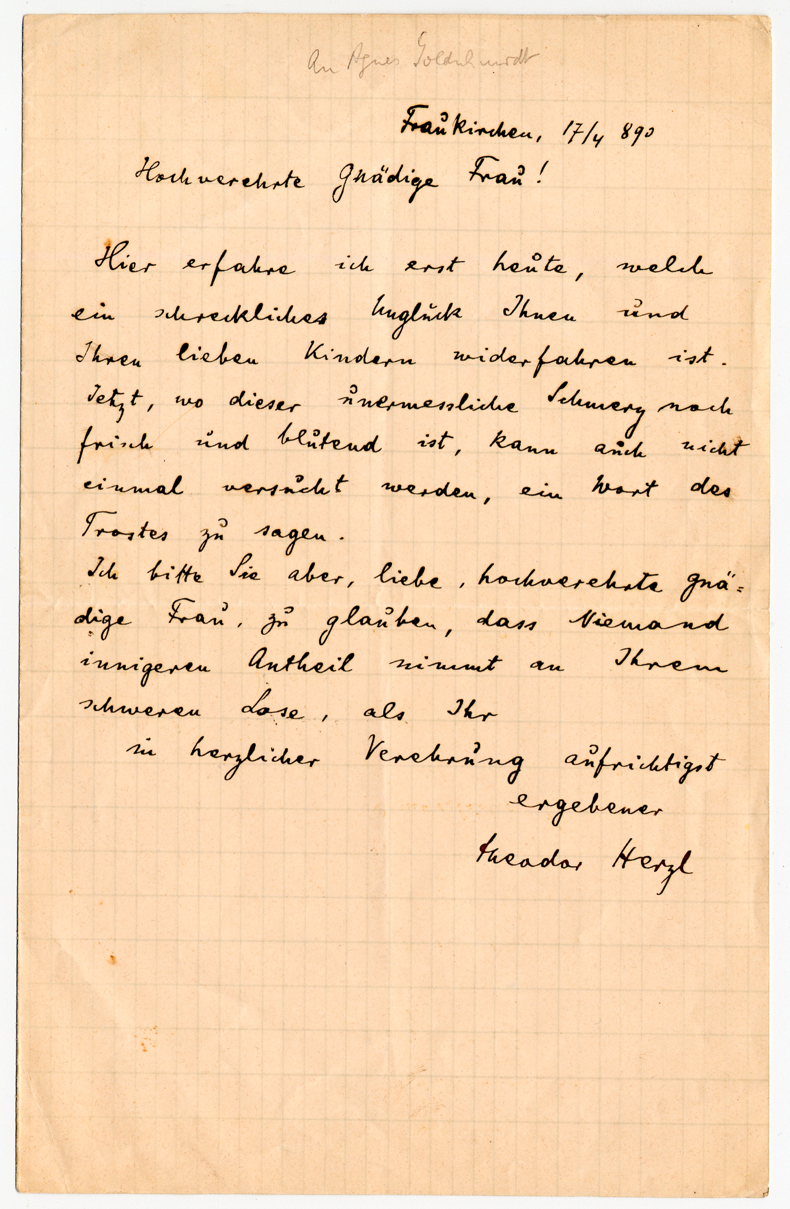 Theodore Herzl Writes a Condolence Letter, Seemingly in Connection With Anti-Semitic Attacks