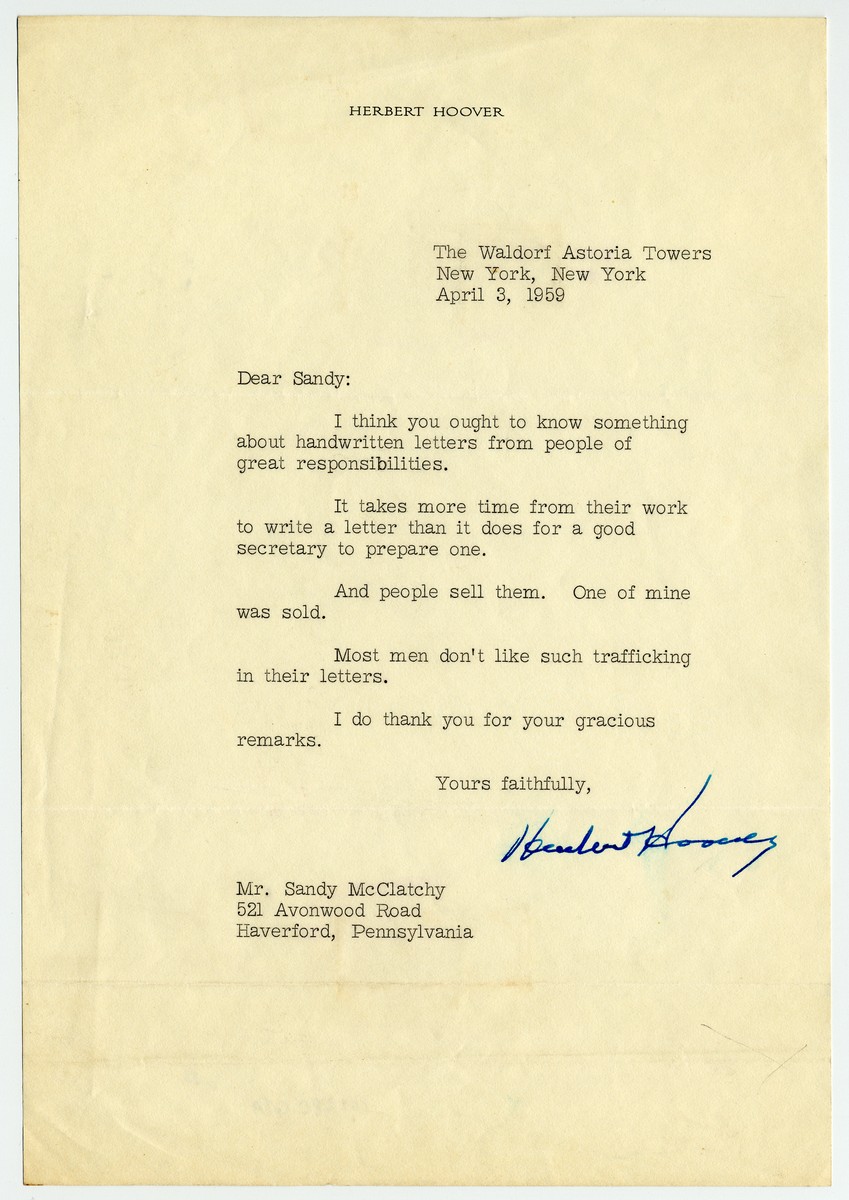 Important People, Hoover Explains, Don't Have Time to Write Longhand - Or Like Their Letters Being Sold