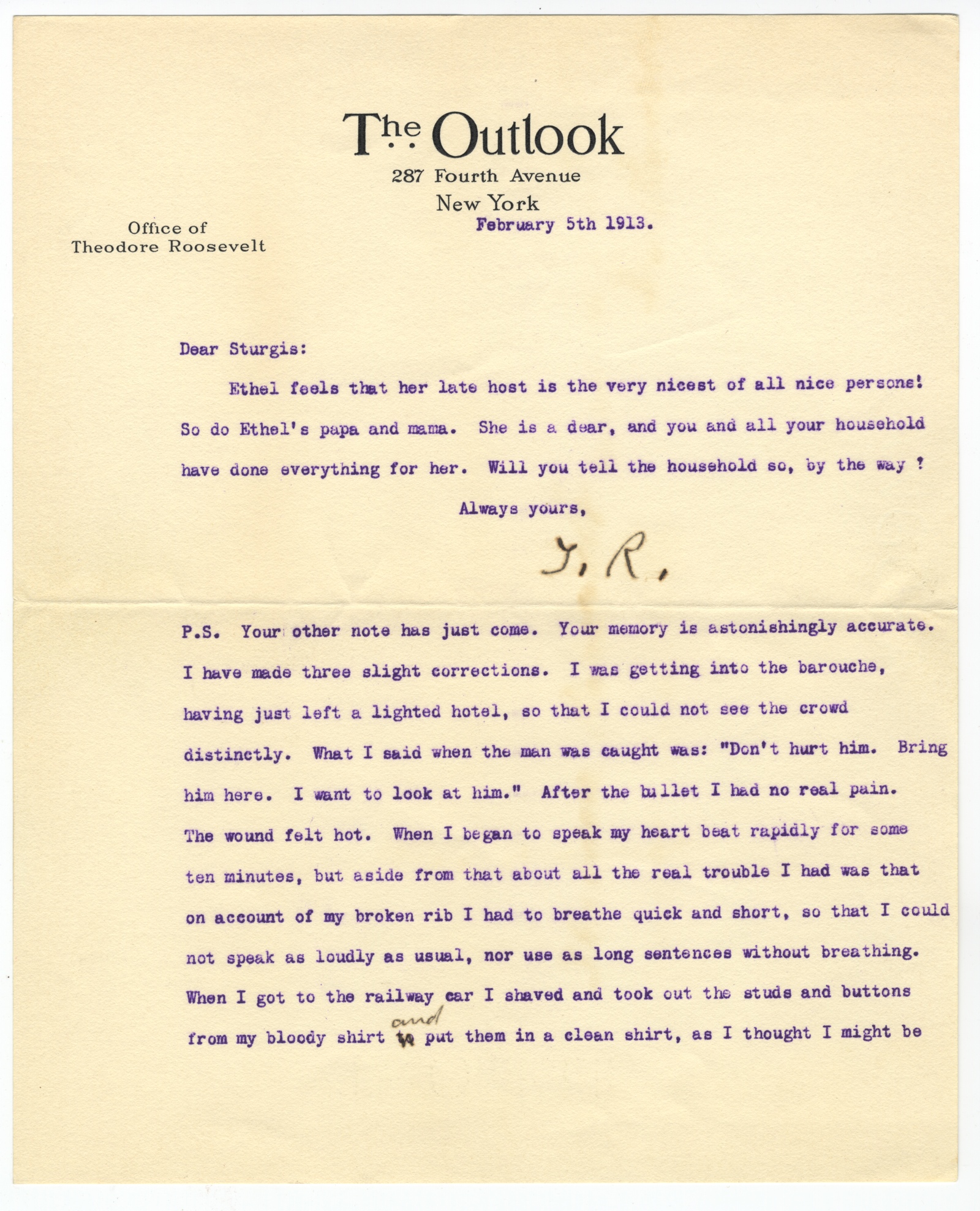 Theodore Roosevelt Comments On, and Then Annotates, a Manuscript Detailing the Attempt Made on His Life