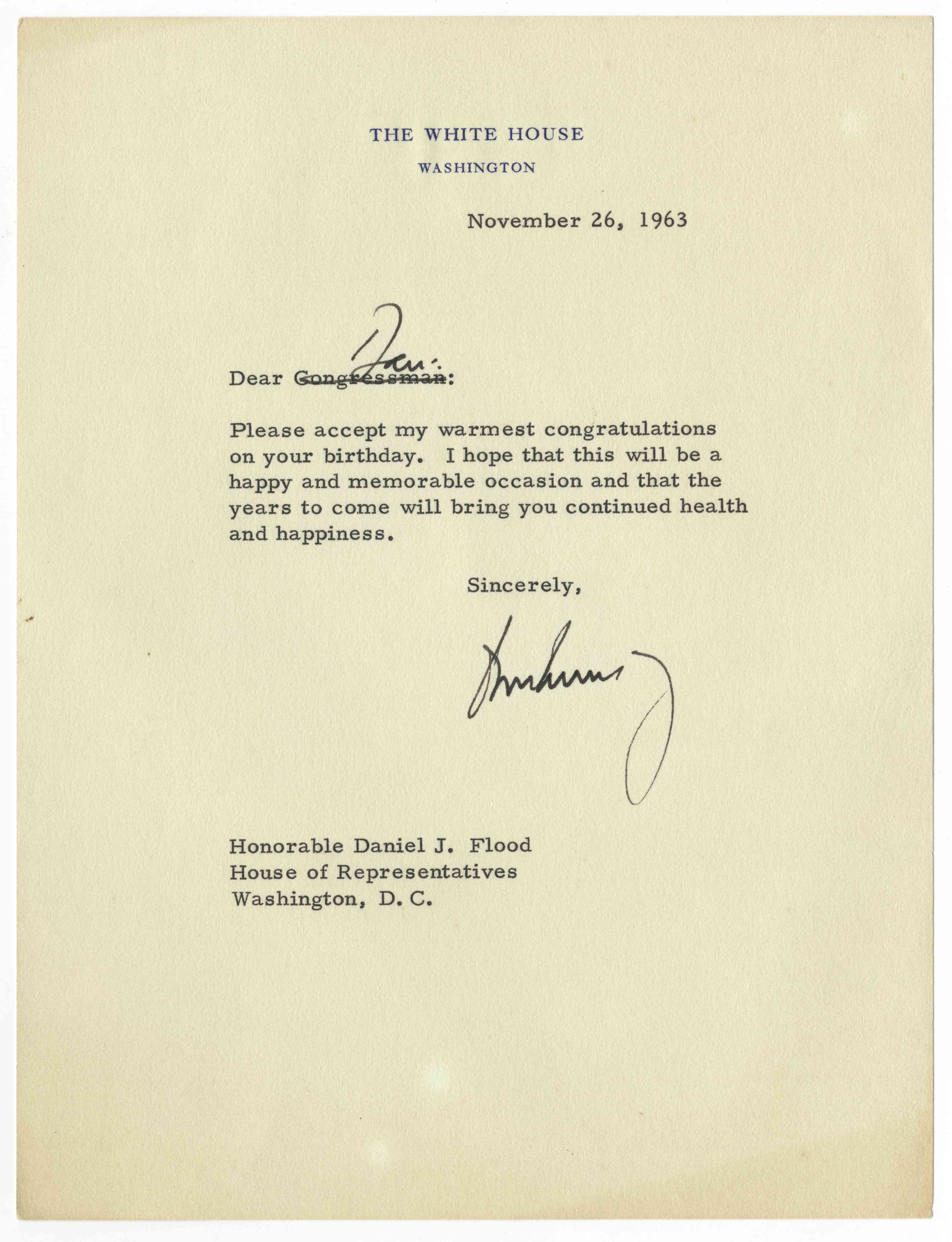 John F. Kennedy Letter, Post-Dated November 26, 1963, Signed Before He Left for Dallas
