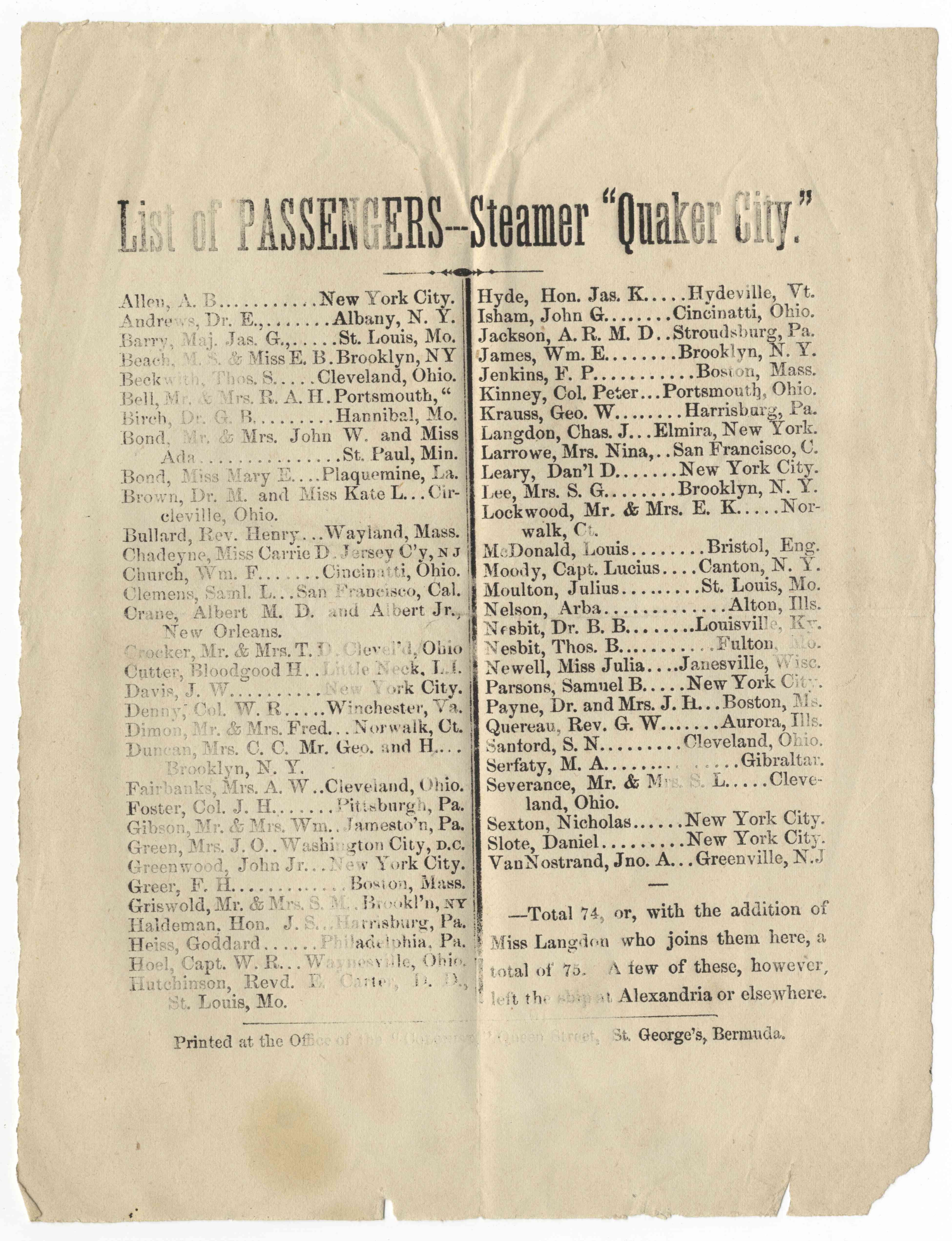 A Rare List of the Passengers of the "Quaker City" Excursion to the Holy Land