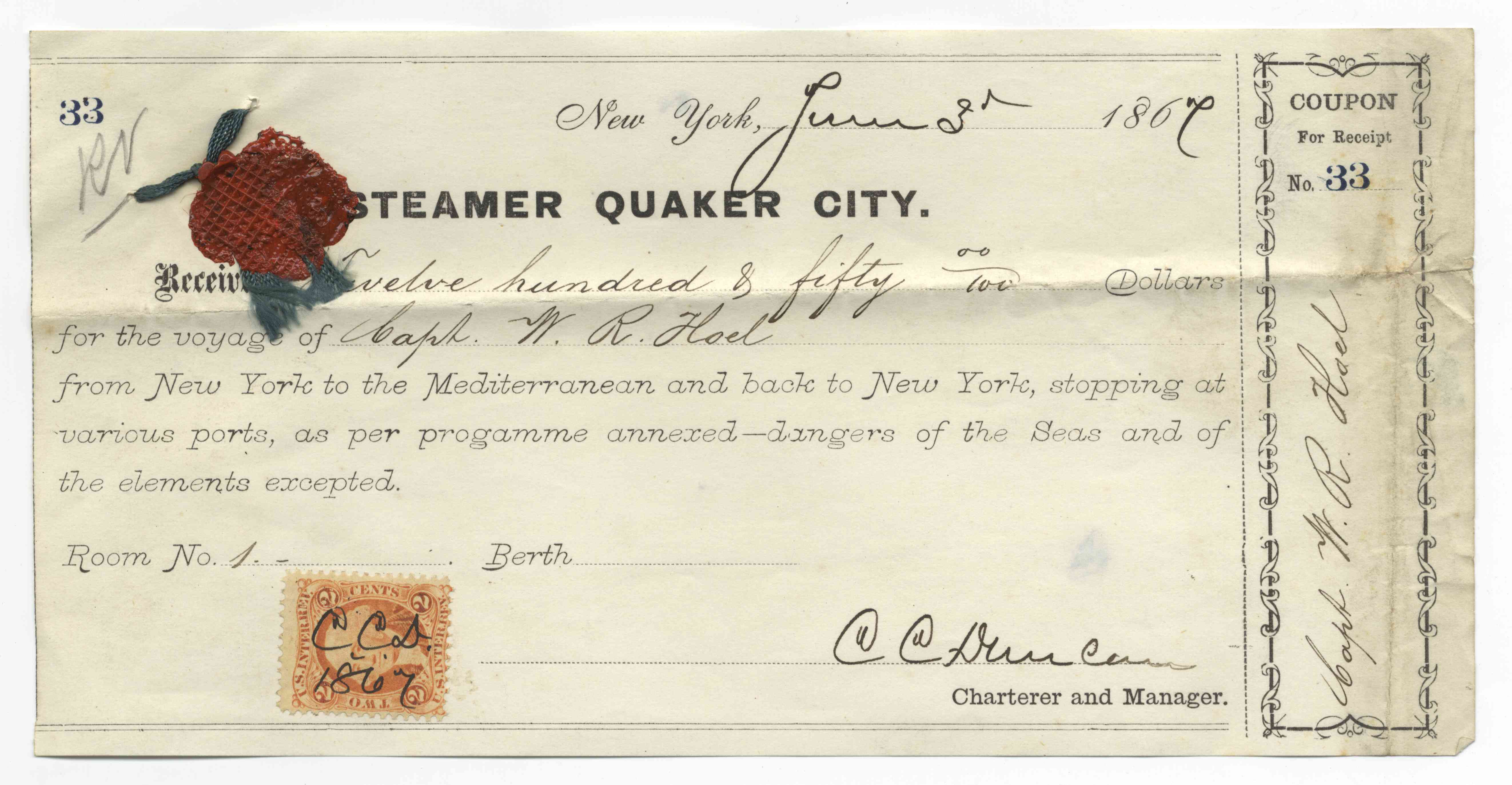 Rare Receipt for Passage on the 1867 "Quaker City" Excursion to the Holy Land