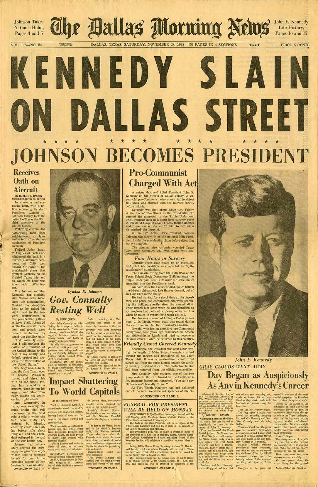 "Kennedy Slain on Dallas Street" - The Dallas Morning News November 23, 1963 Edition