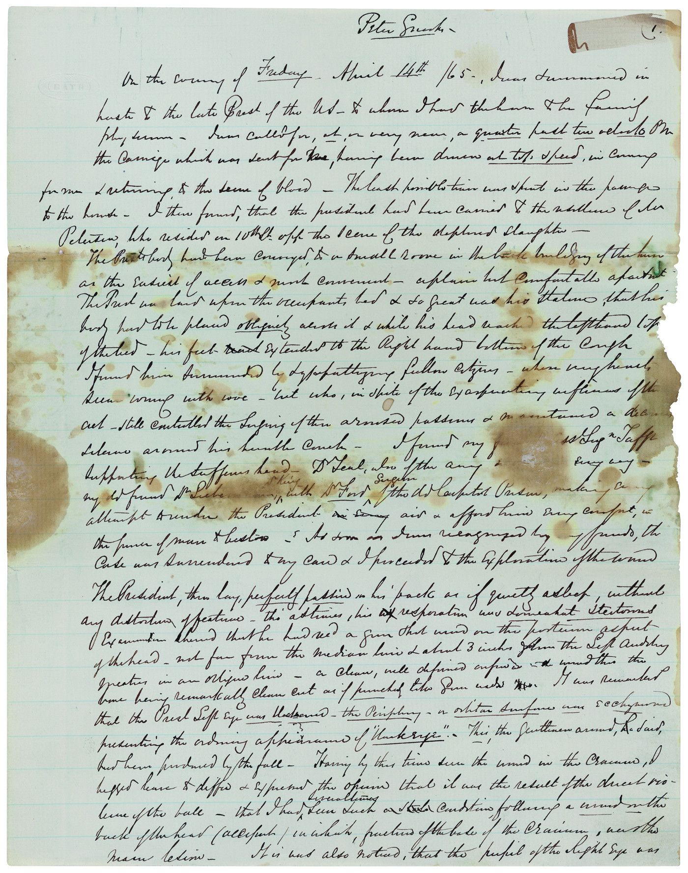 Abraham Lincoln’s Final Hours, Death, and Autopsy Report Documented by Dr. Robert Stone
