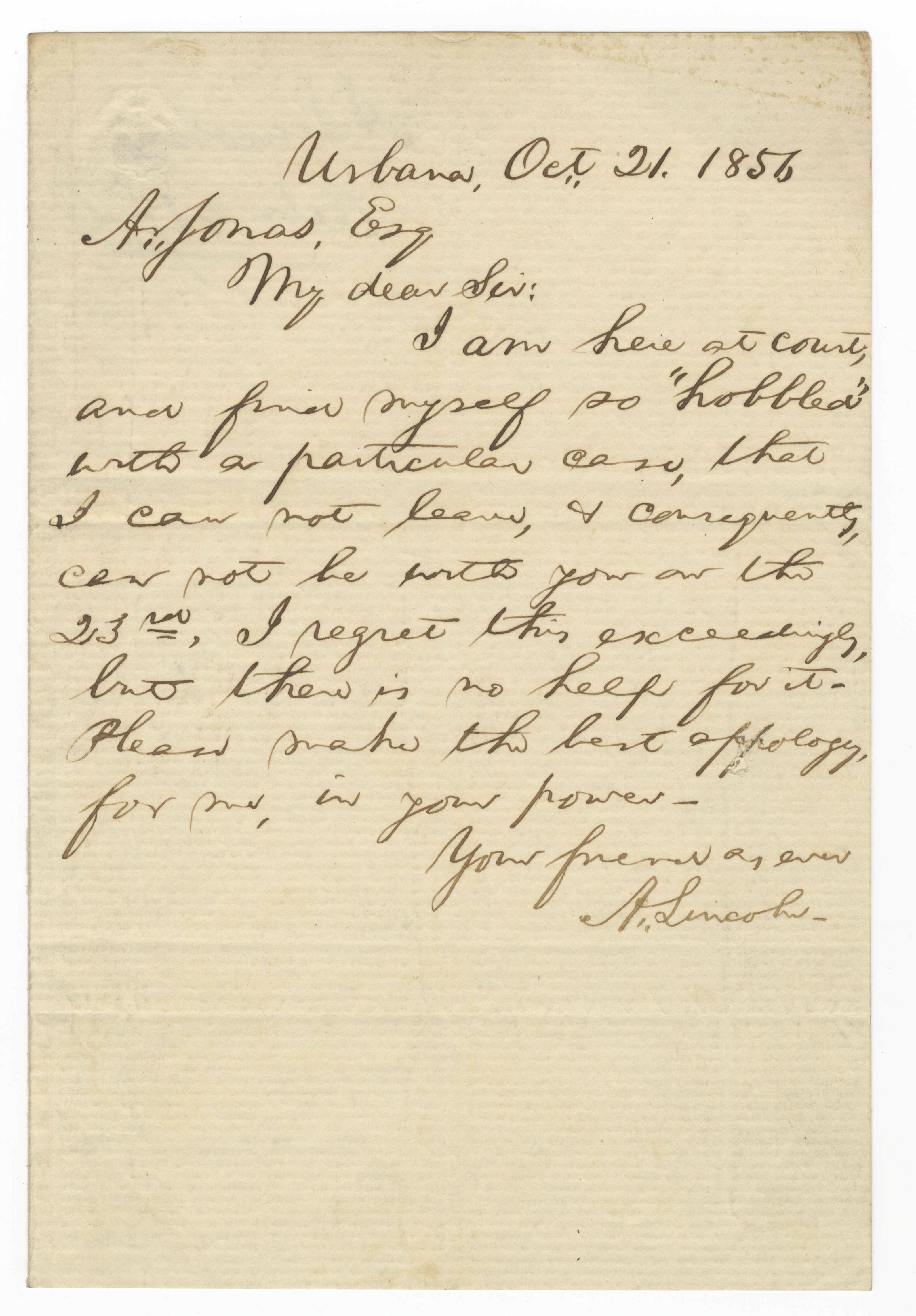 Rare Abraham Lincoln Letter to His Dear Friend Abraham Jonas - He is "Hobbled" by a Troublesome Nephew