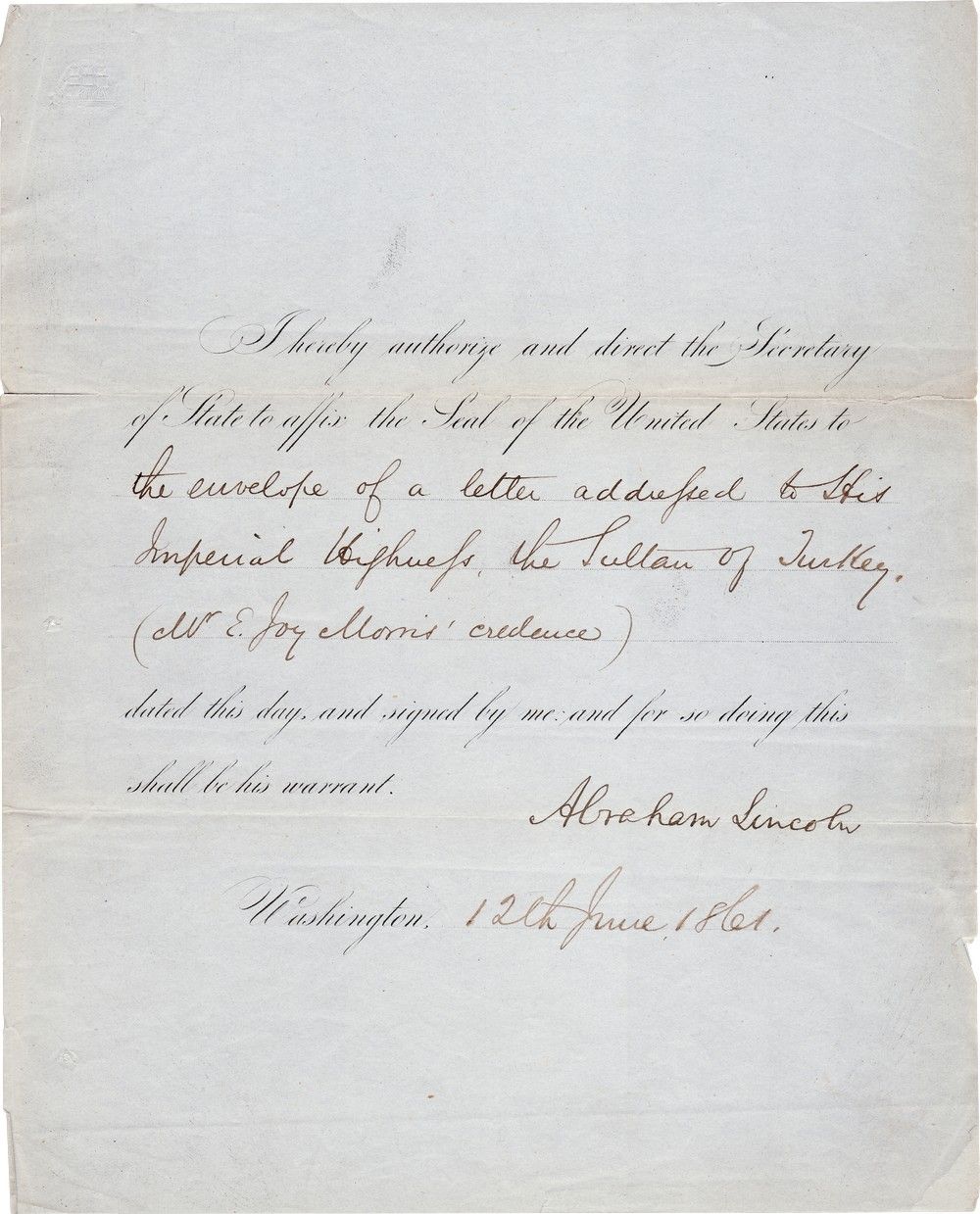 Abraham Lincoln Appoints the Arabist Edward Joy Morris as Minister Resident to Turkey