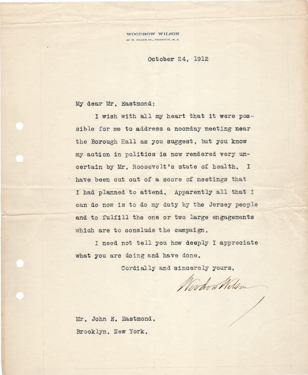 Woodrow Wilson Suspends His Campaign on Account of Theodore Roosevelt Assassination Attempt
