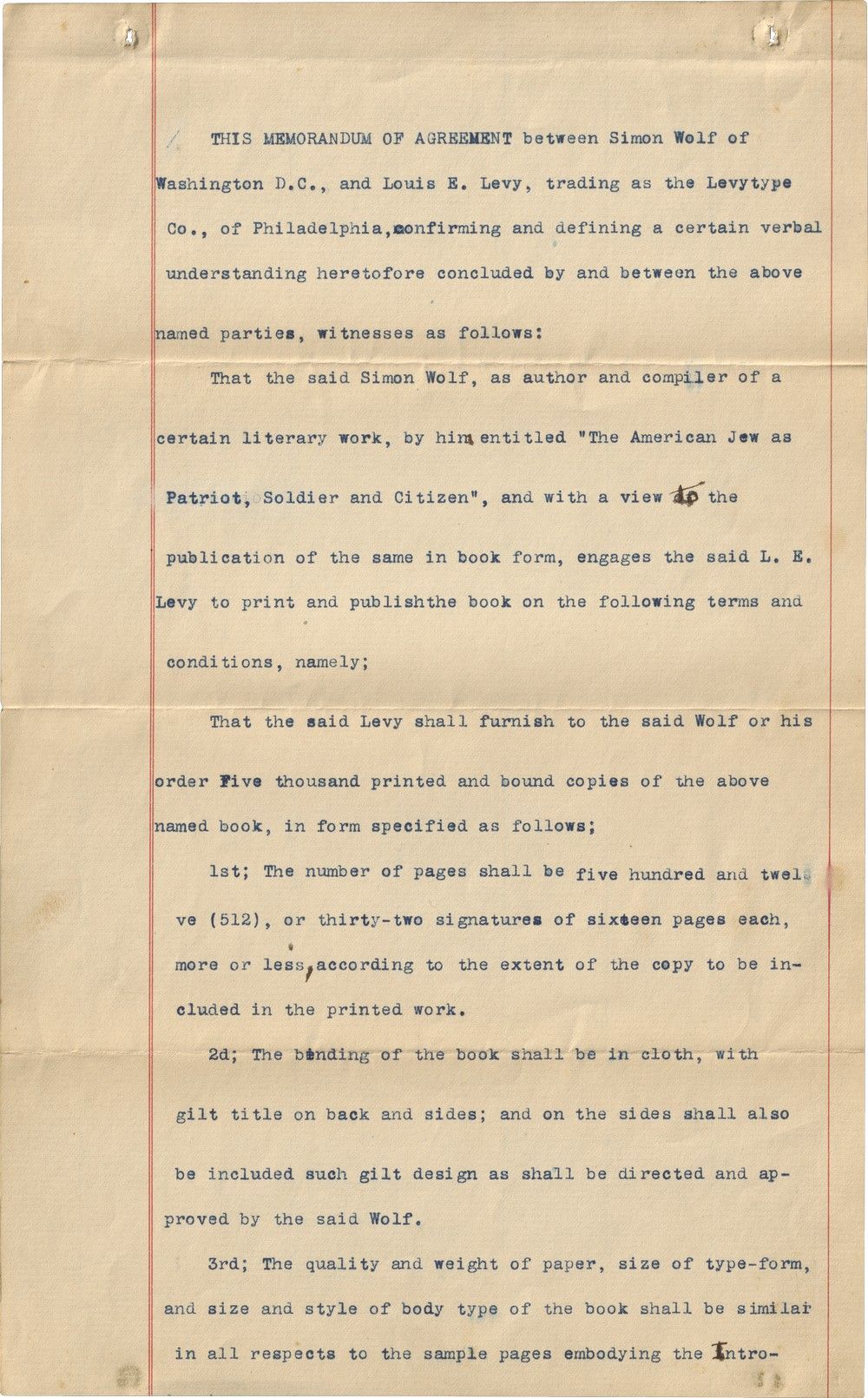 Simon Wolf's Original Contract For the Book "The American Jew as Patriot, Soldier, and Citizen"