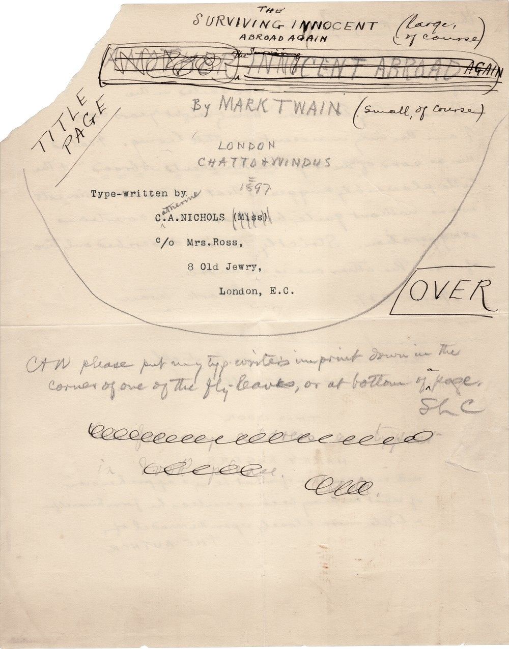 Mark Twain's Mockup of Title Page and Dedication of "More Tramps Abroad,"Note About "Innocents Abroad"
