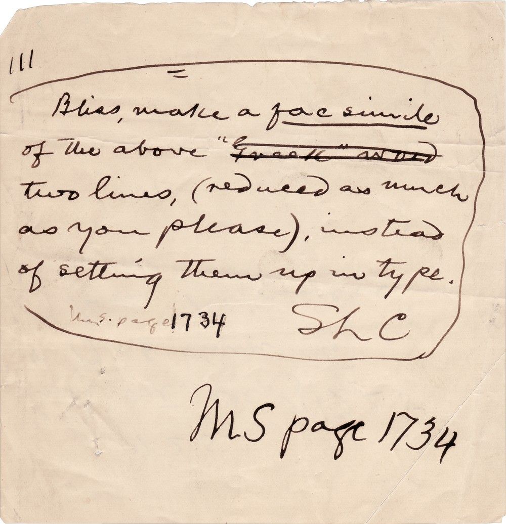 Mark Twain Directs His Publisher to Set Two Lines of Text in Facsimile, Not Typeface