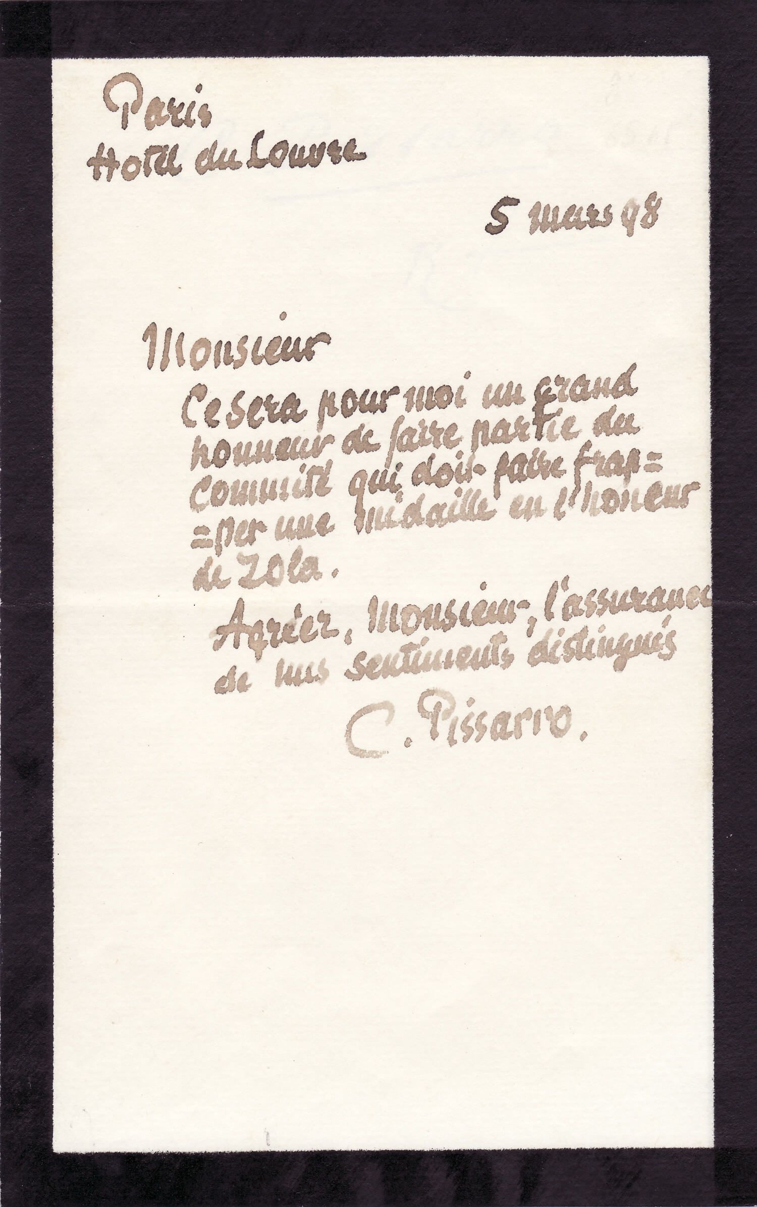 Camille Pissarro's Autographed Letter in Support of Emile Zola Amidst the Dreyfus Affair 