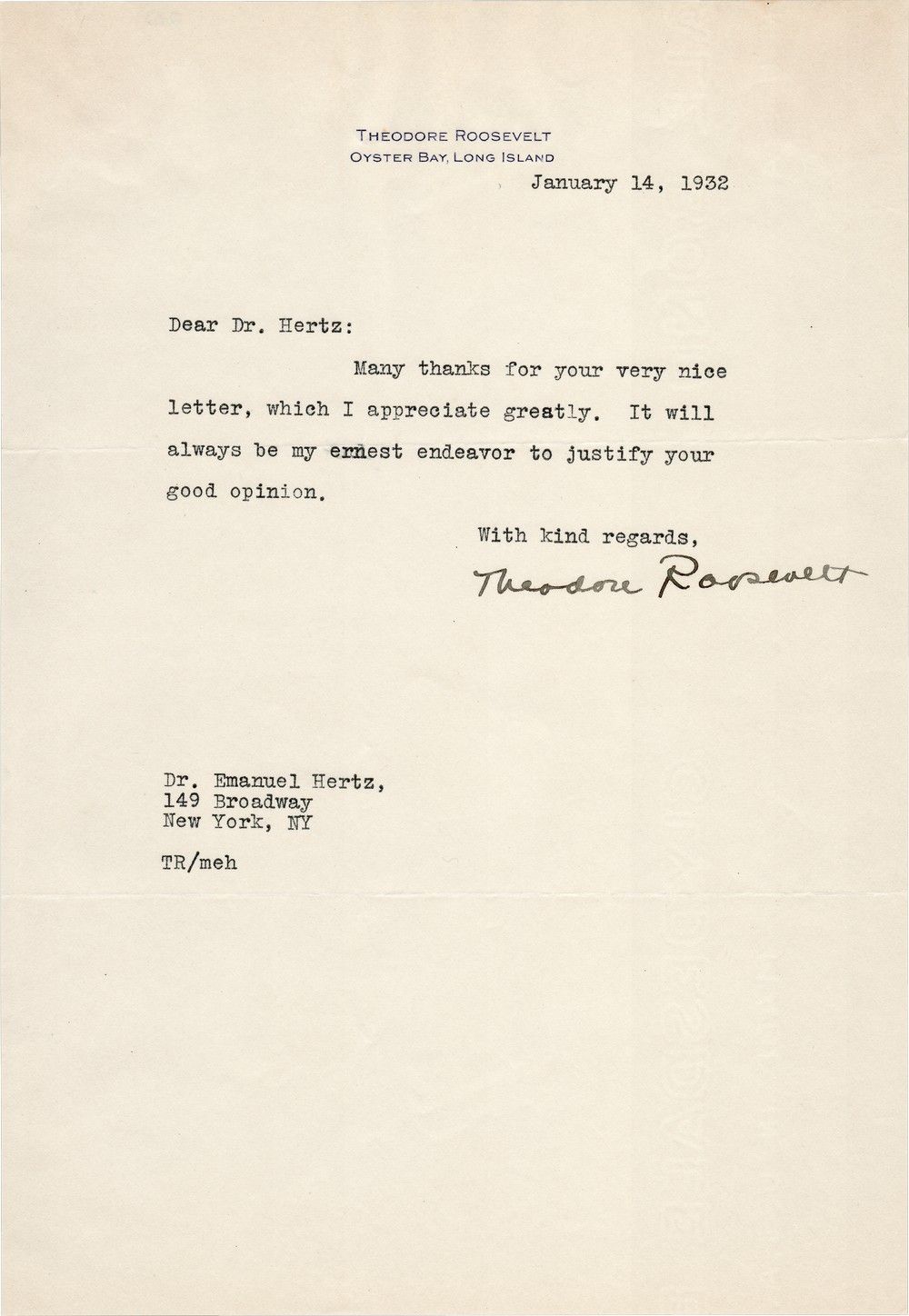 Theodore Roosevelt Jr. Tells Emanuel Hertz He Will Always Try to Justify His Good Opinion