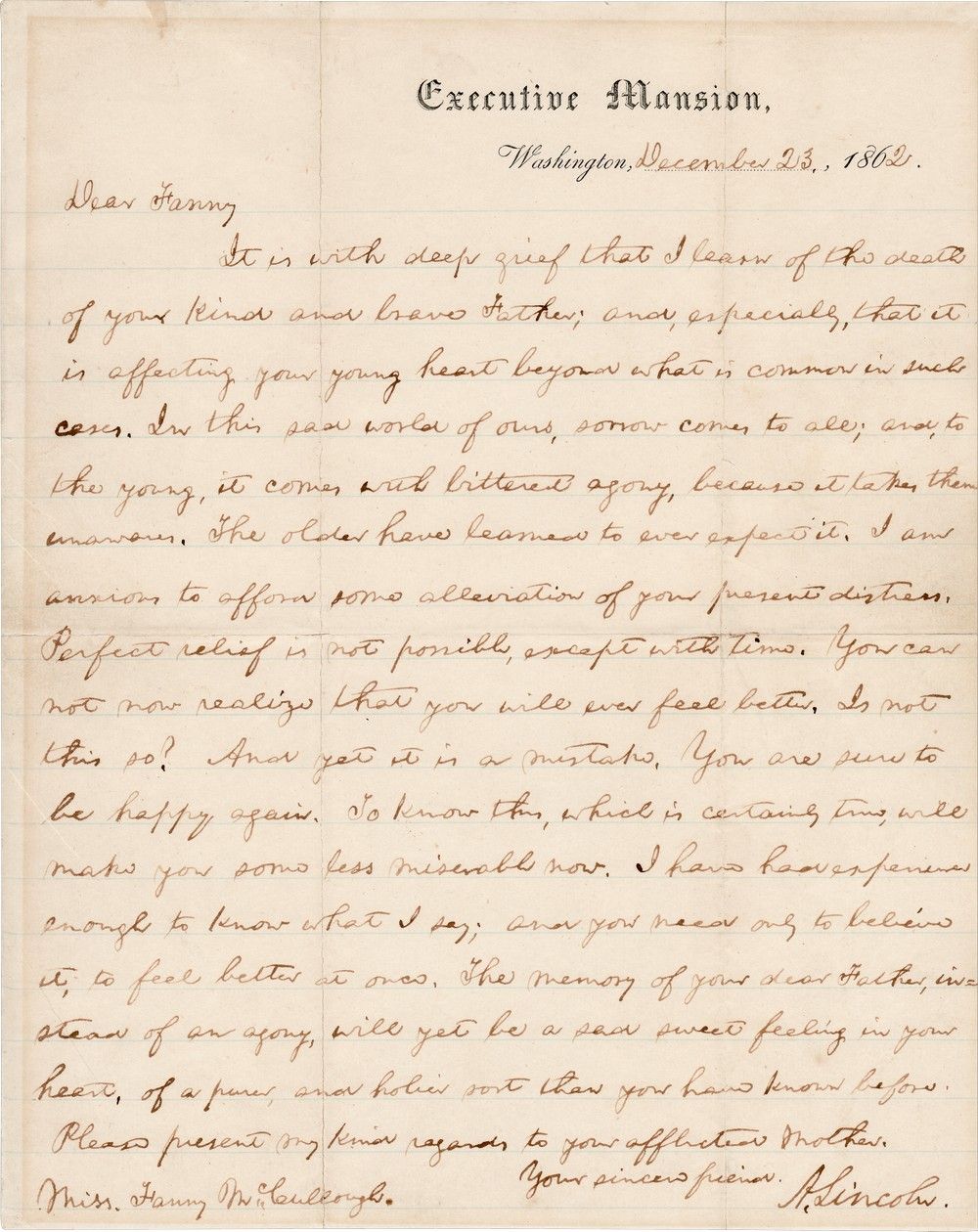 Abraham Lincoln's Famous Civil War Condolence Letter to Young Fanny McCullough About Loss and Memory