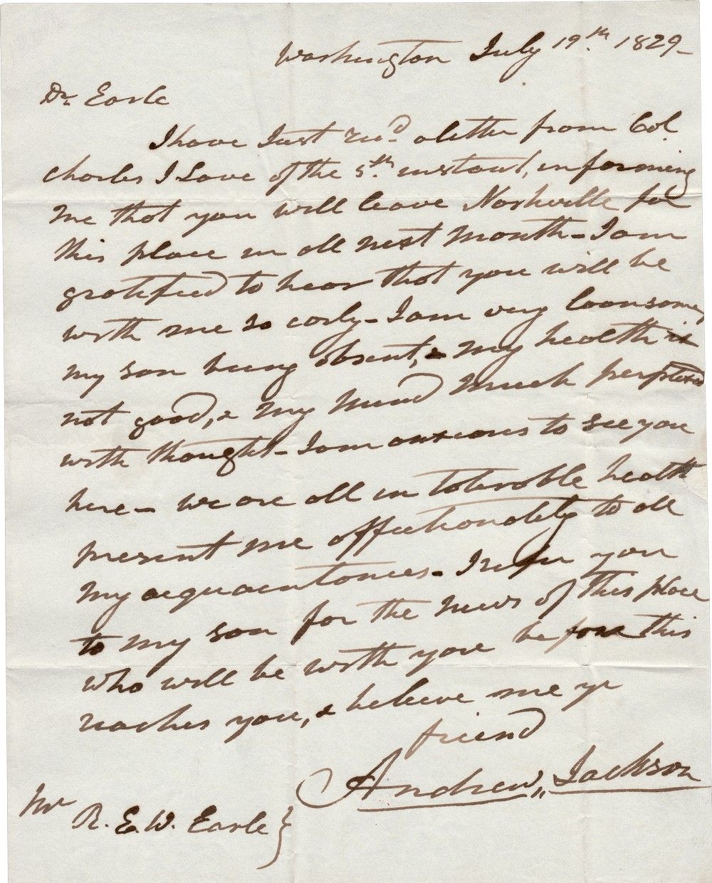 President Andrew Jackson Writes of His Loneliness in the White House