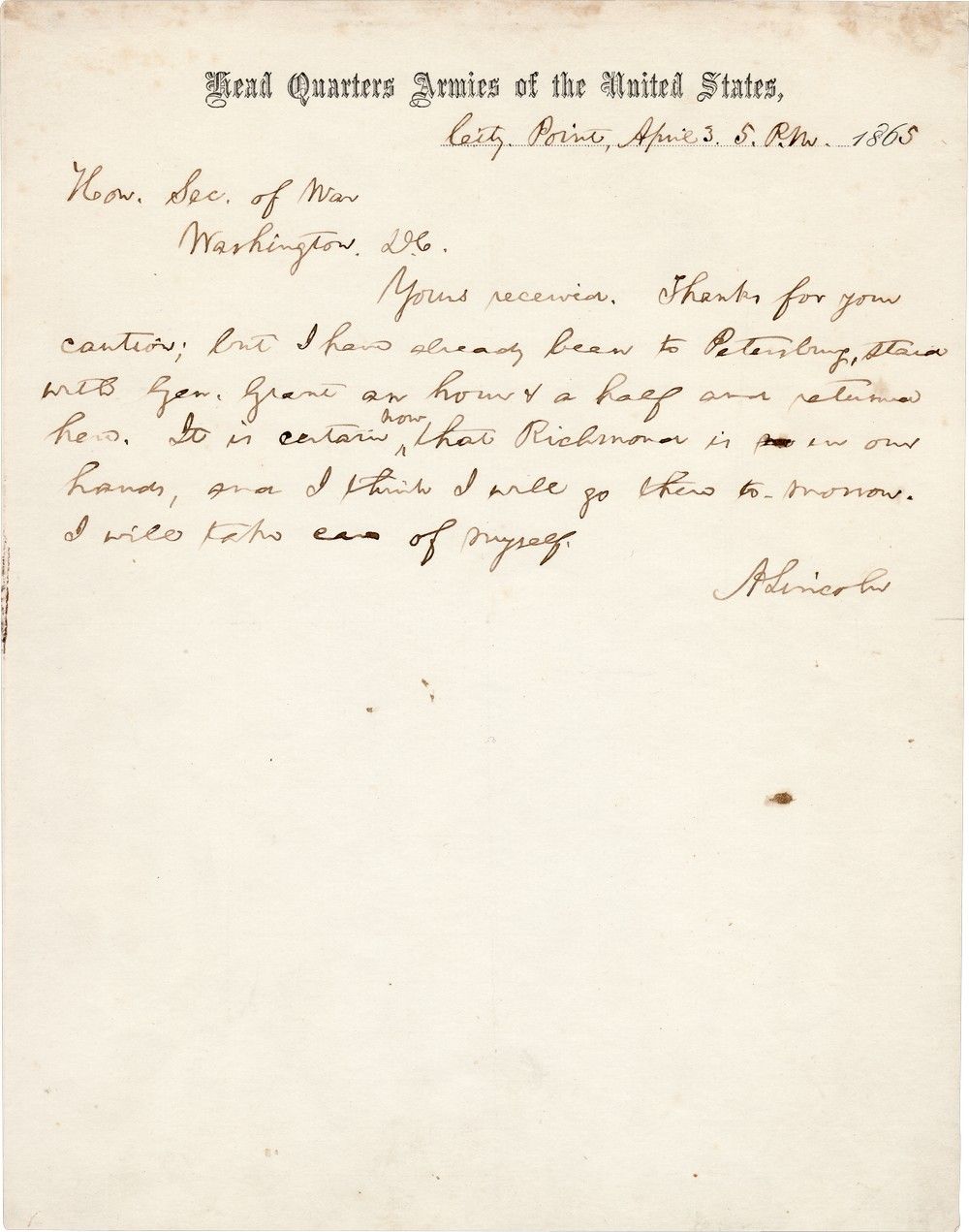 "I Will Take Care of Myself," Abraham Lincoln Wires Stanton as He Follows the Troops