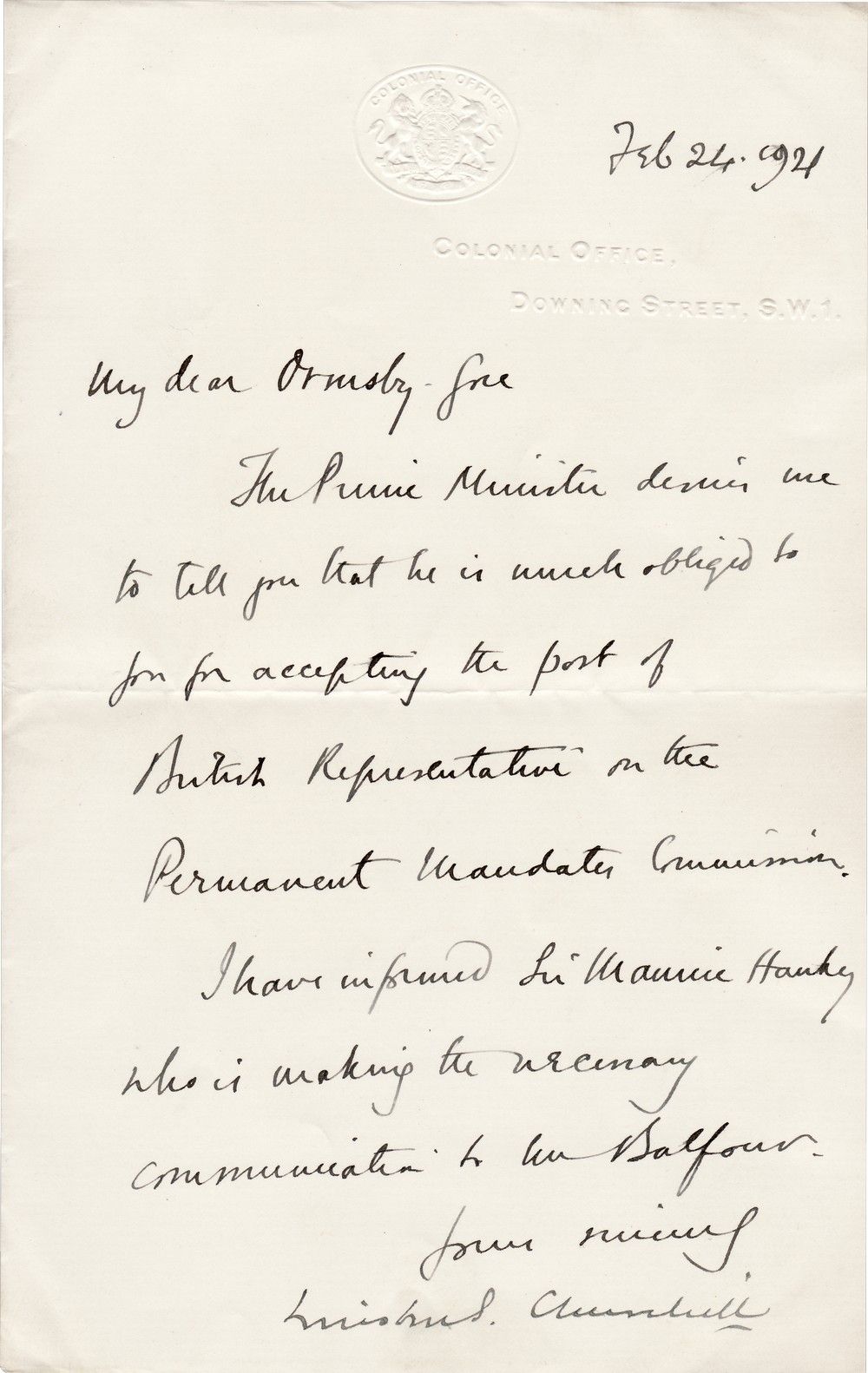 Winston Churchill Thanks Ormsby-Gore for Accepting Post to the Permanent Mandates Commission
