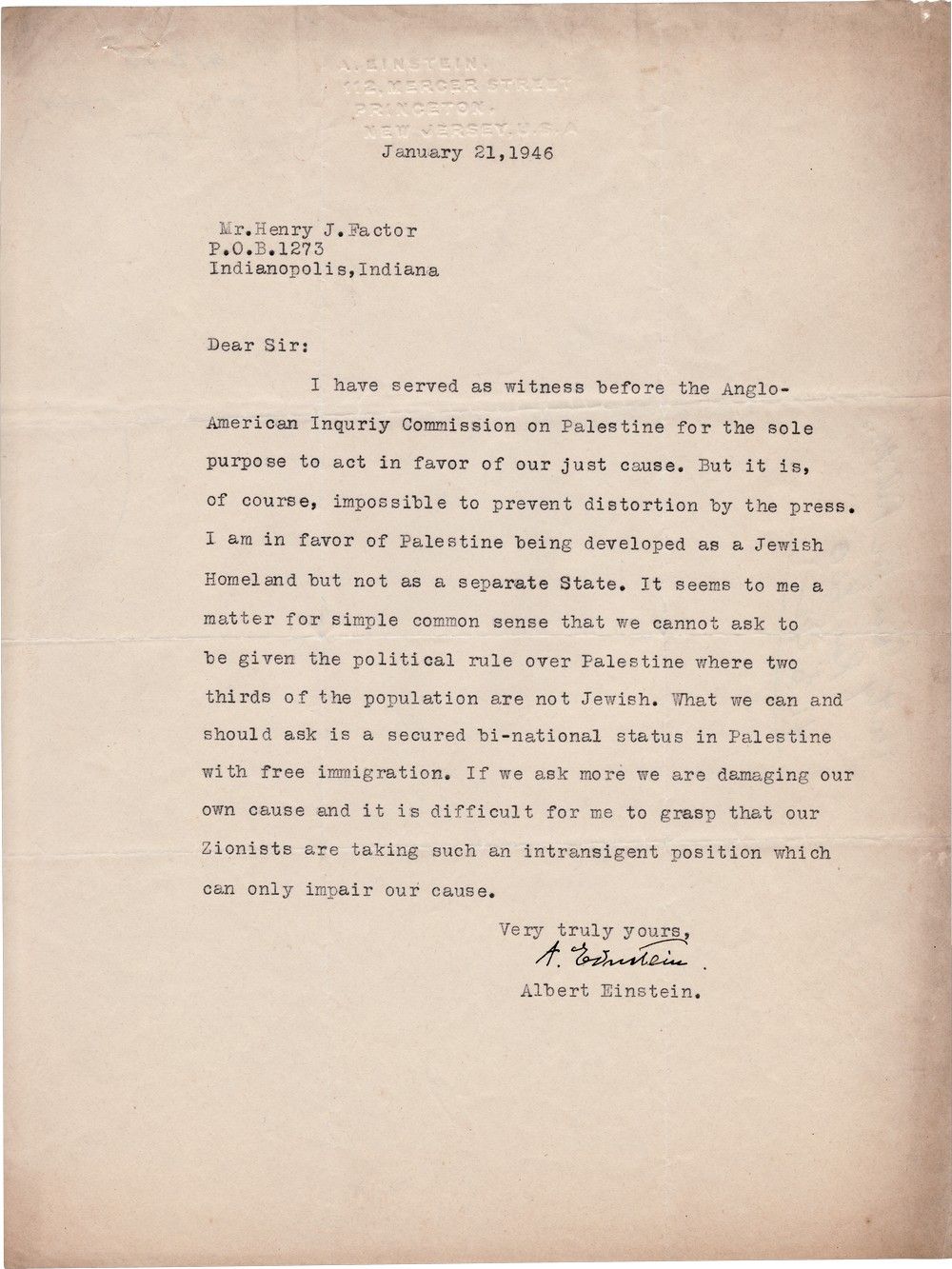 Einstein on Zionism: He is for a Jewish Homeland, But Not a Separate State