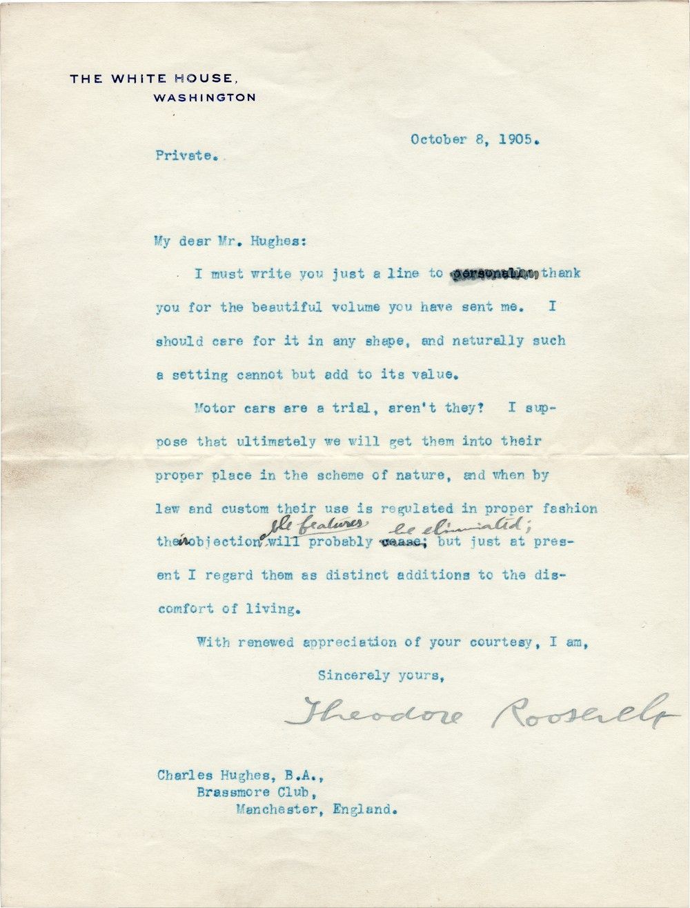 Theodore Roosevelt Expresses His Dislike of the Motor Car