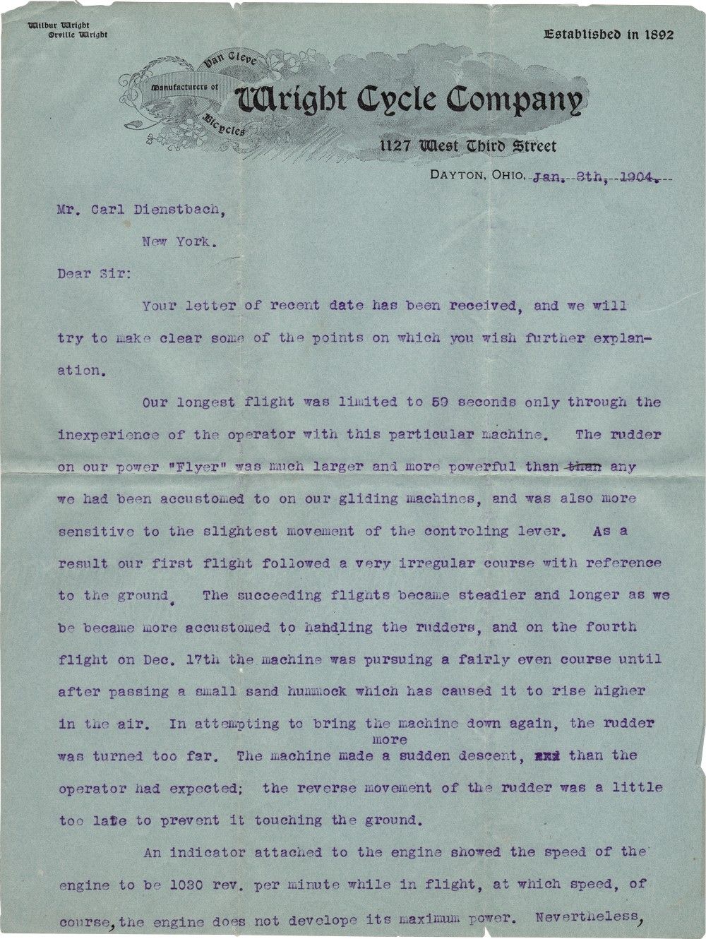 An Early and Rare Account by Orville Wright of the First Flight at Kitty Hawk