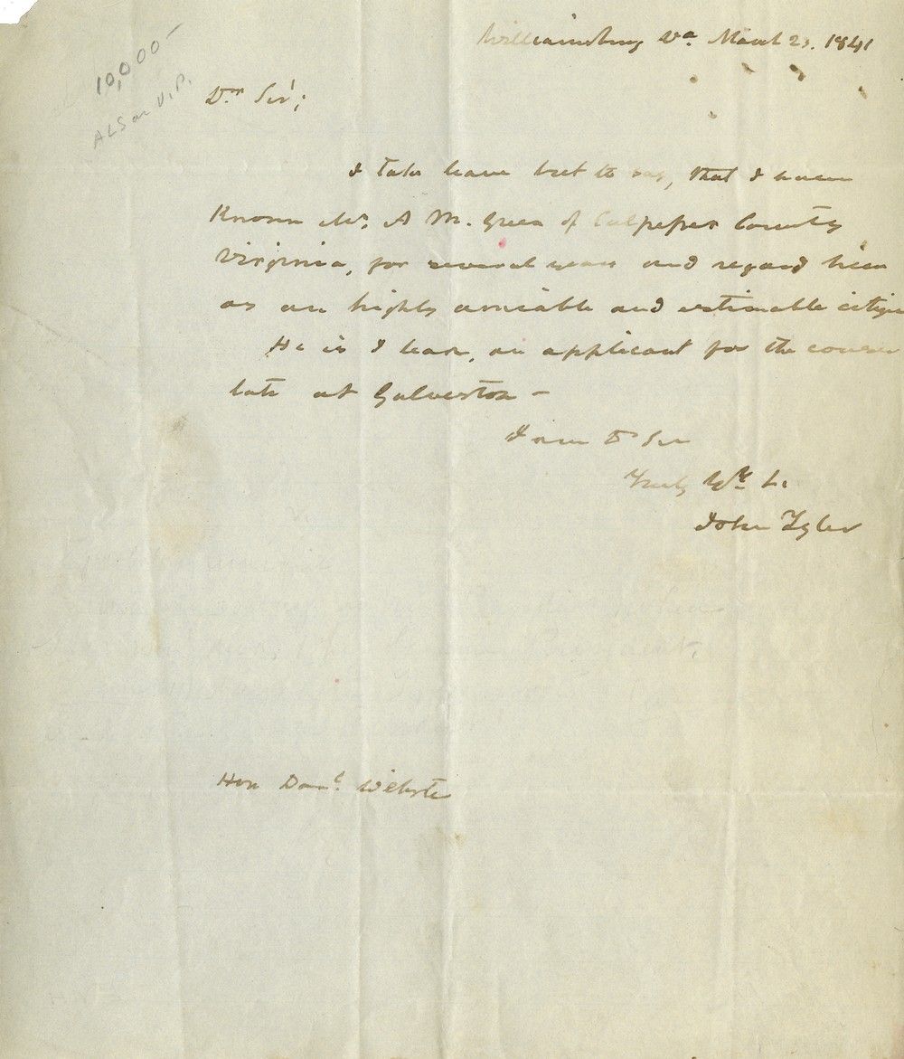 Rare Letter of John Tyler as Vice President Recommending a Consul to Galveston, Texas