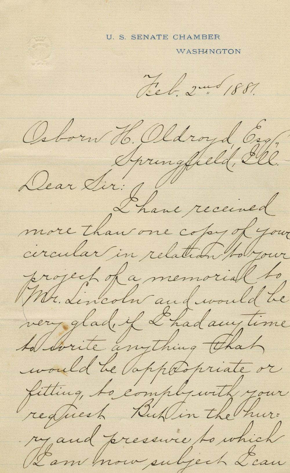 Senator Benjamin Harrison on Writing about the "Illustrious Lincoln"