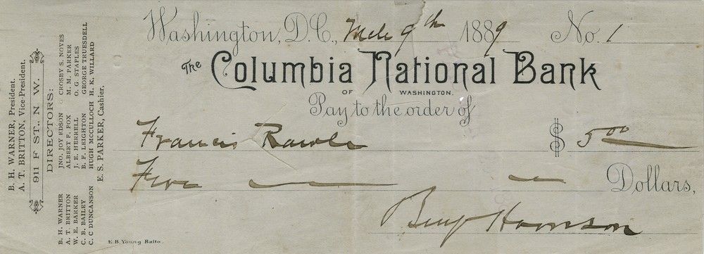 One of Benjamin Harrison's First Personal Checks as President