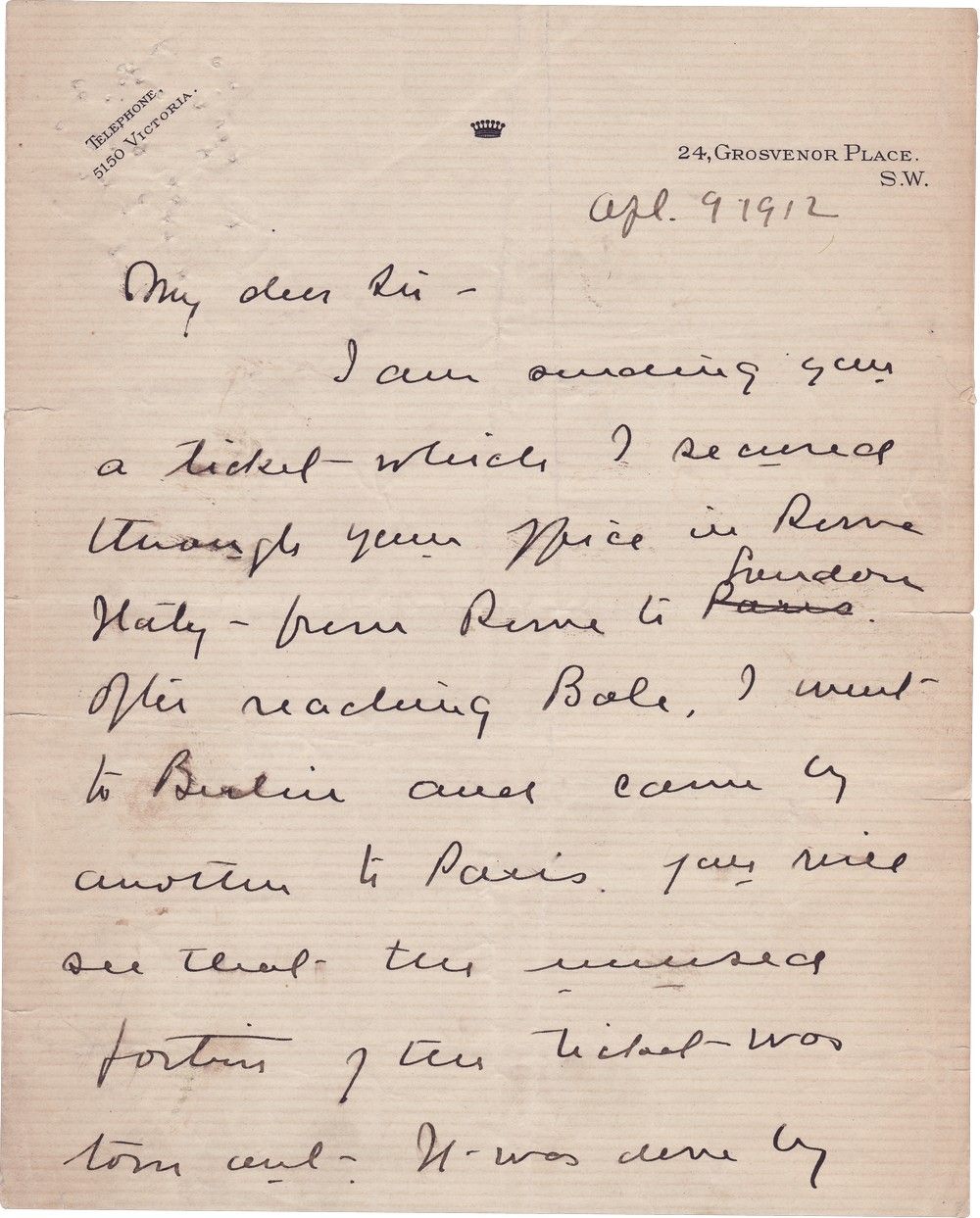Major Archibald Butt, Military Aide to Roosevelt and Taft, Writes the Day Before Boarding the Titanic