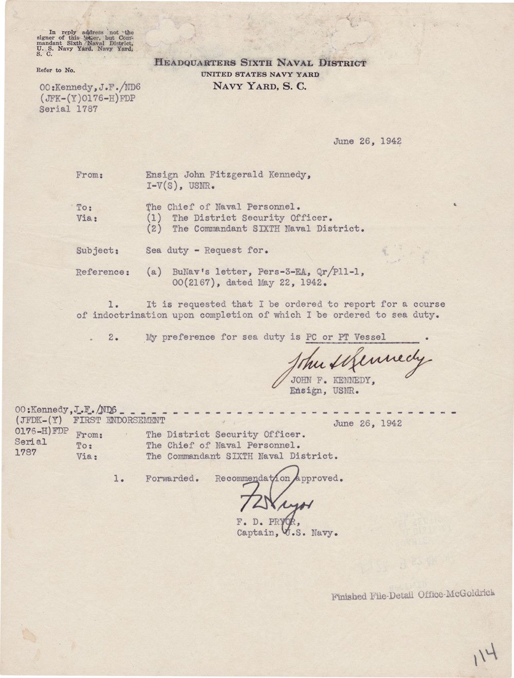 In 1942, Ensign J.F. Kennedy Requests Sea Duty on a PT Vessel: "Recommendation Approved"