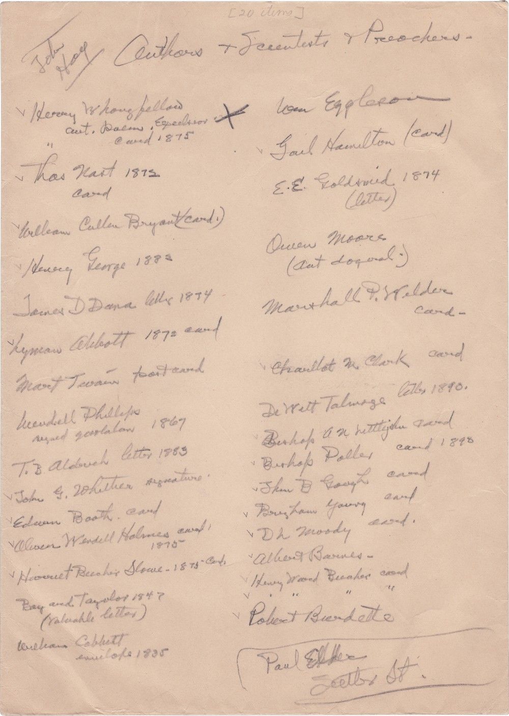 Herbert Hoover's Handwritten List of His Autograph Collection