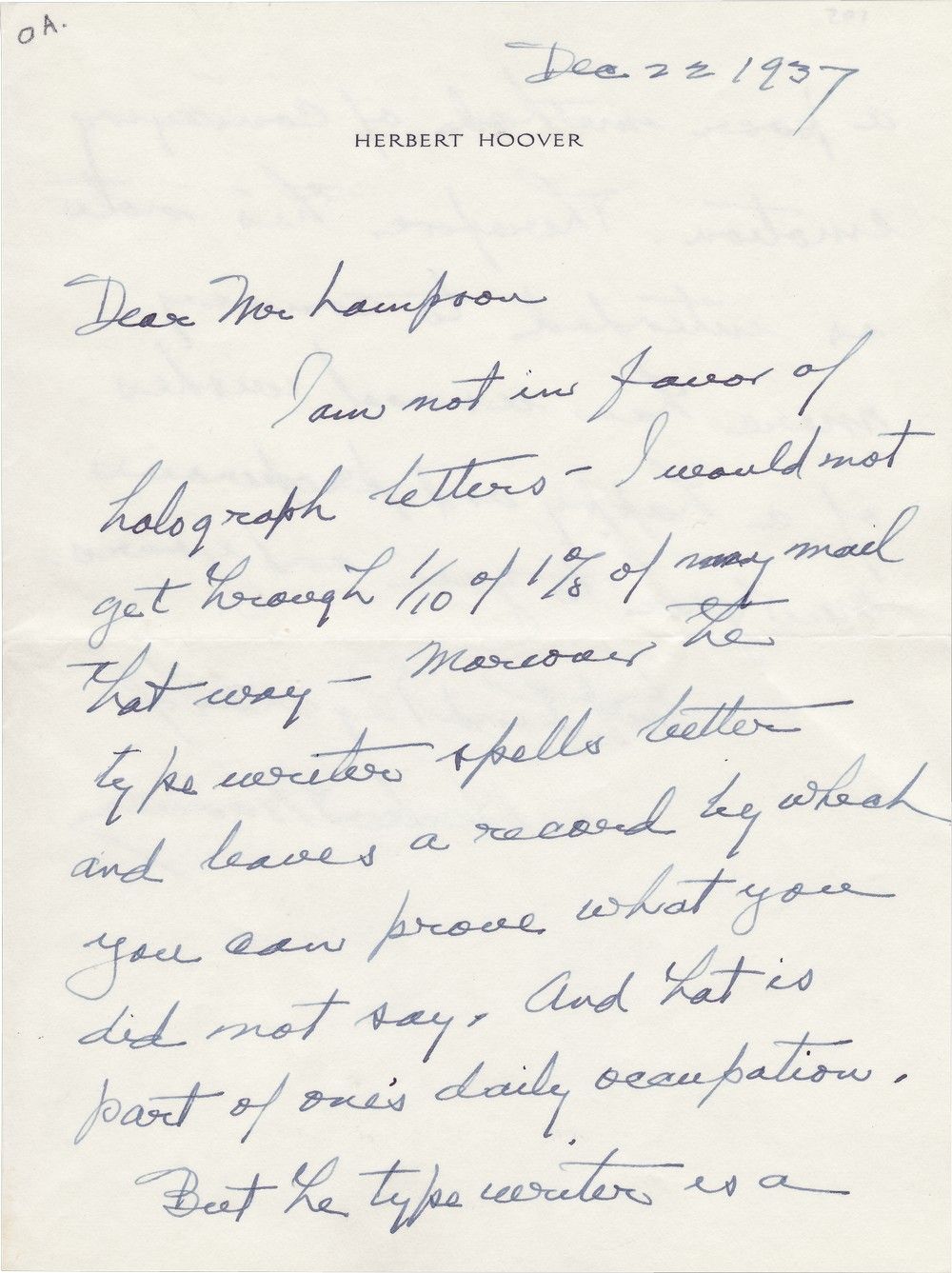 Herbert Hoover Explains, In Autograph, His Antipathy to Writing Holograph Letters