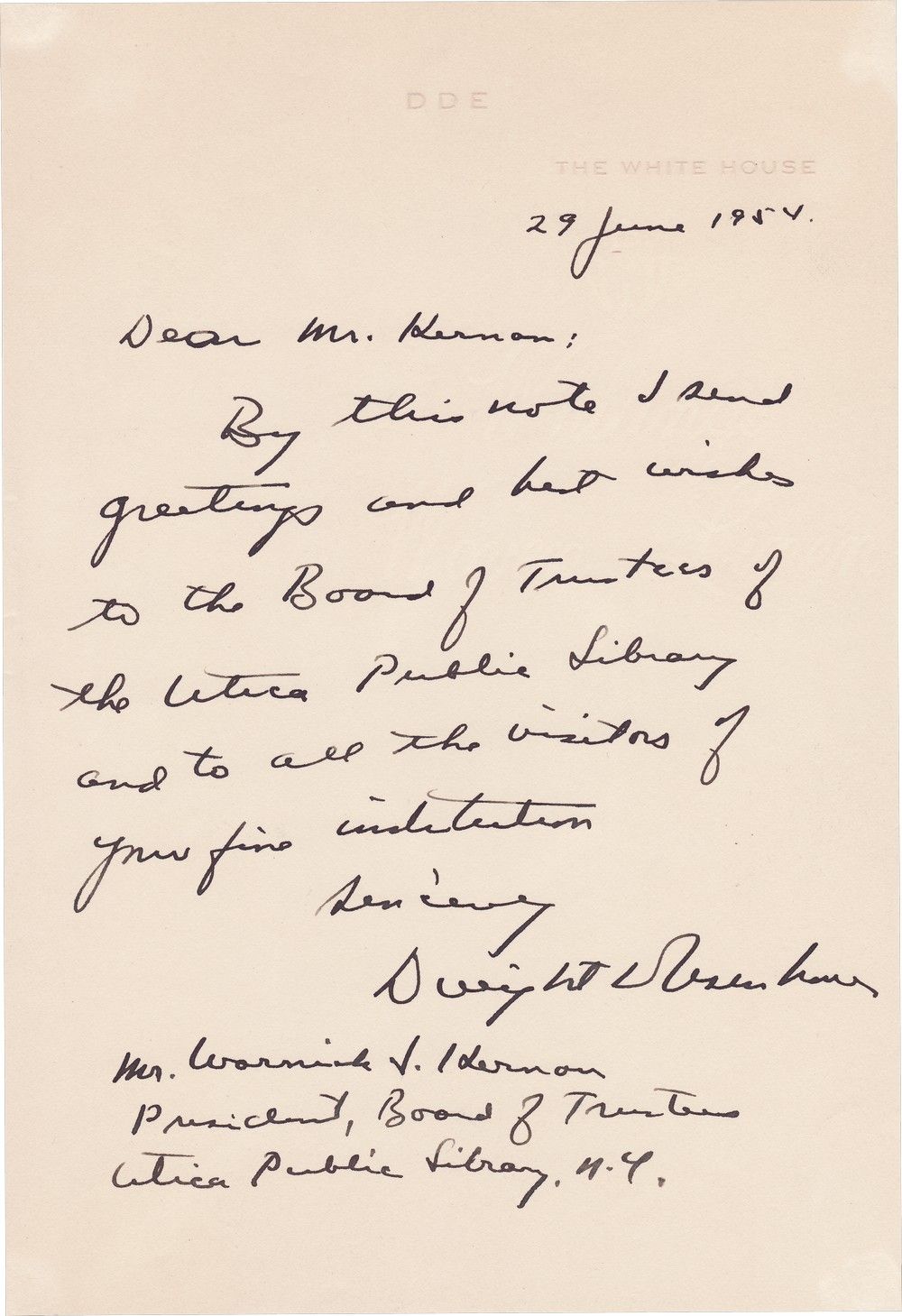 Rare Eisenhower Autograph as President, Praising the Utica Public Library