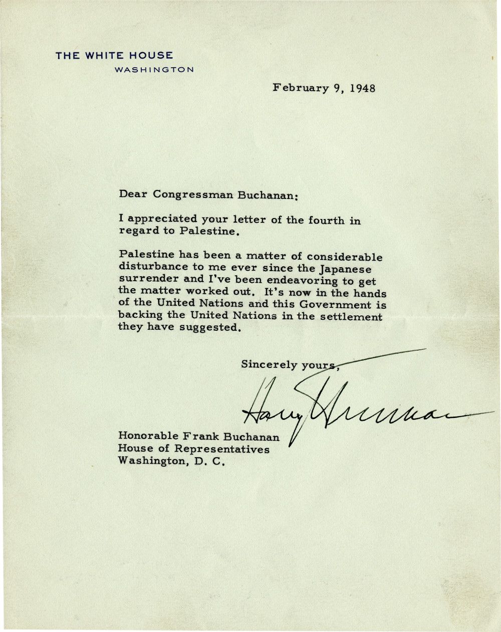 Palestine, Truman Says, is a “Matter of Considerable Disturbance” to be Determined by U.N.