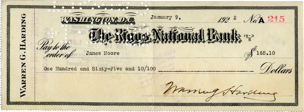 A Very Rare President Warren G. Harding Signed Check