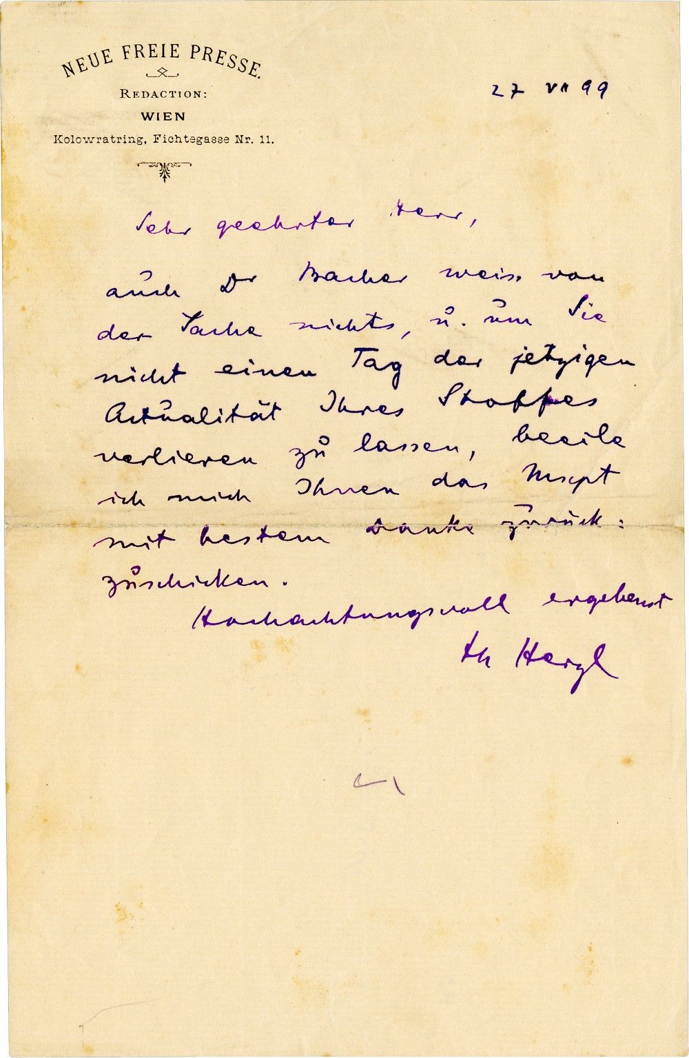 Theodor Herzl Writes of a Matter Unknown, He Says, Even to His Editor, Amidst the Dreyfus Affair