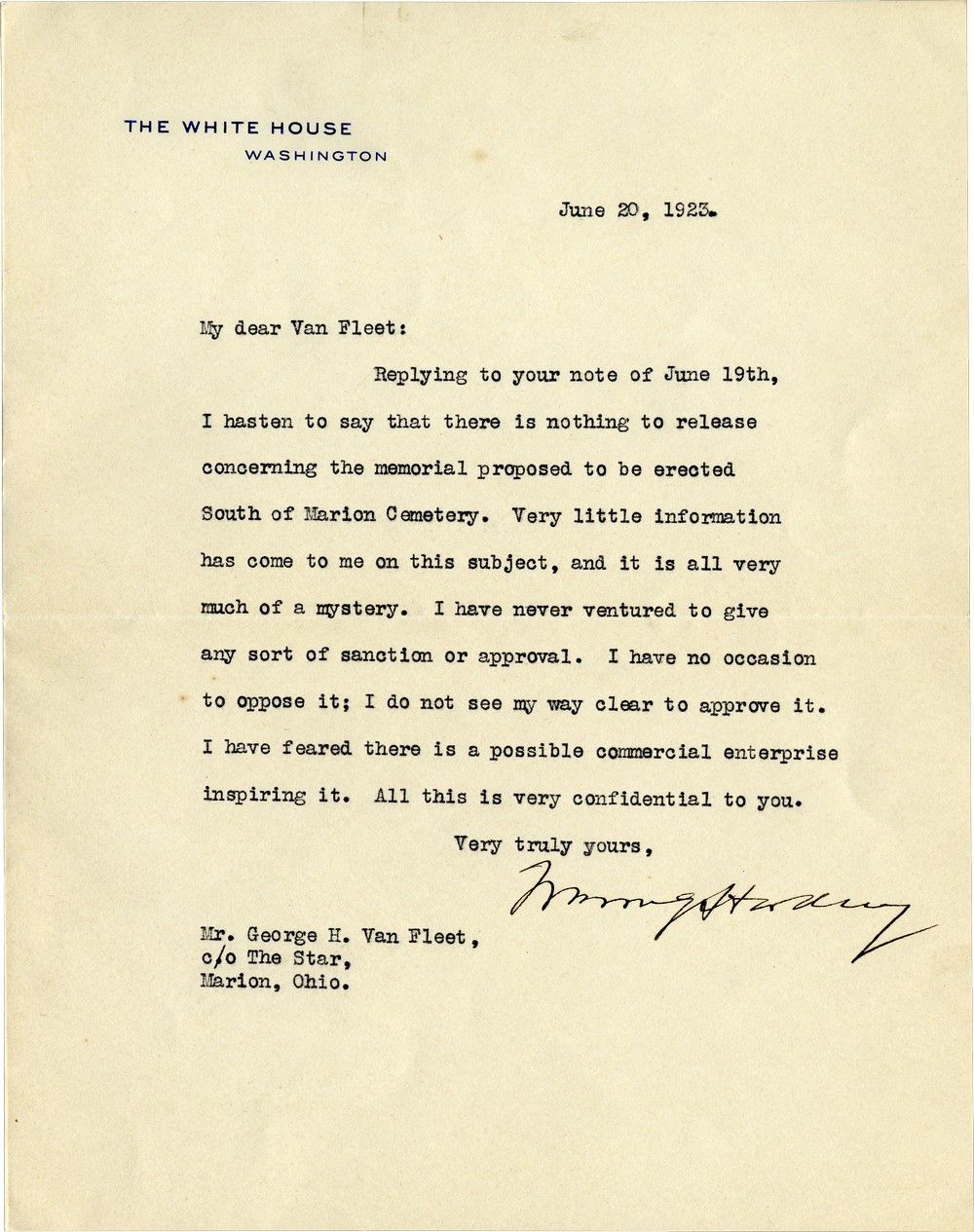 President Warren G. Harding: Possibly the Last Letter He Wrote from the White House