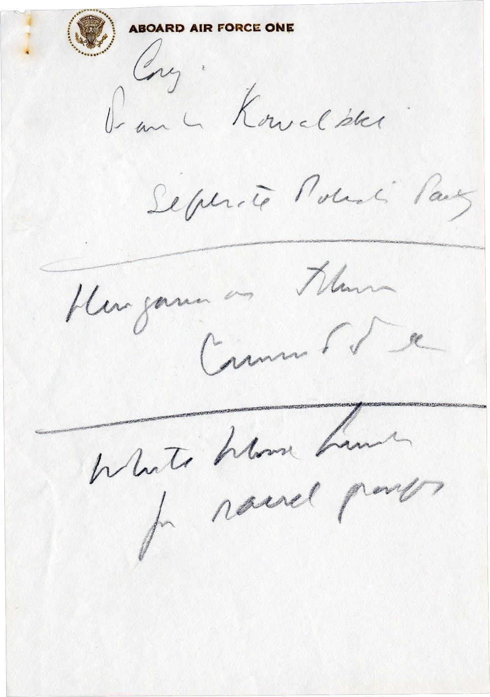 Notes Written by President John F. Kennedy Aboard Air Force One