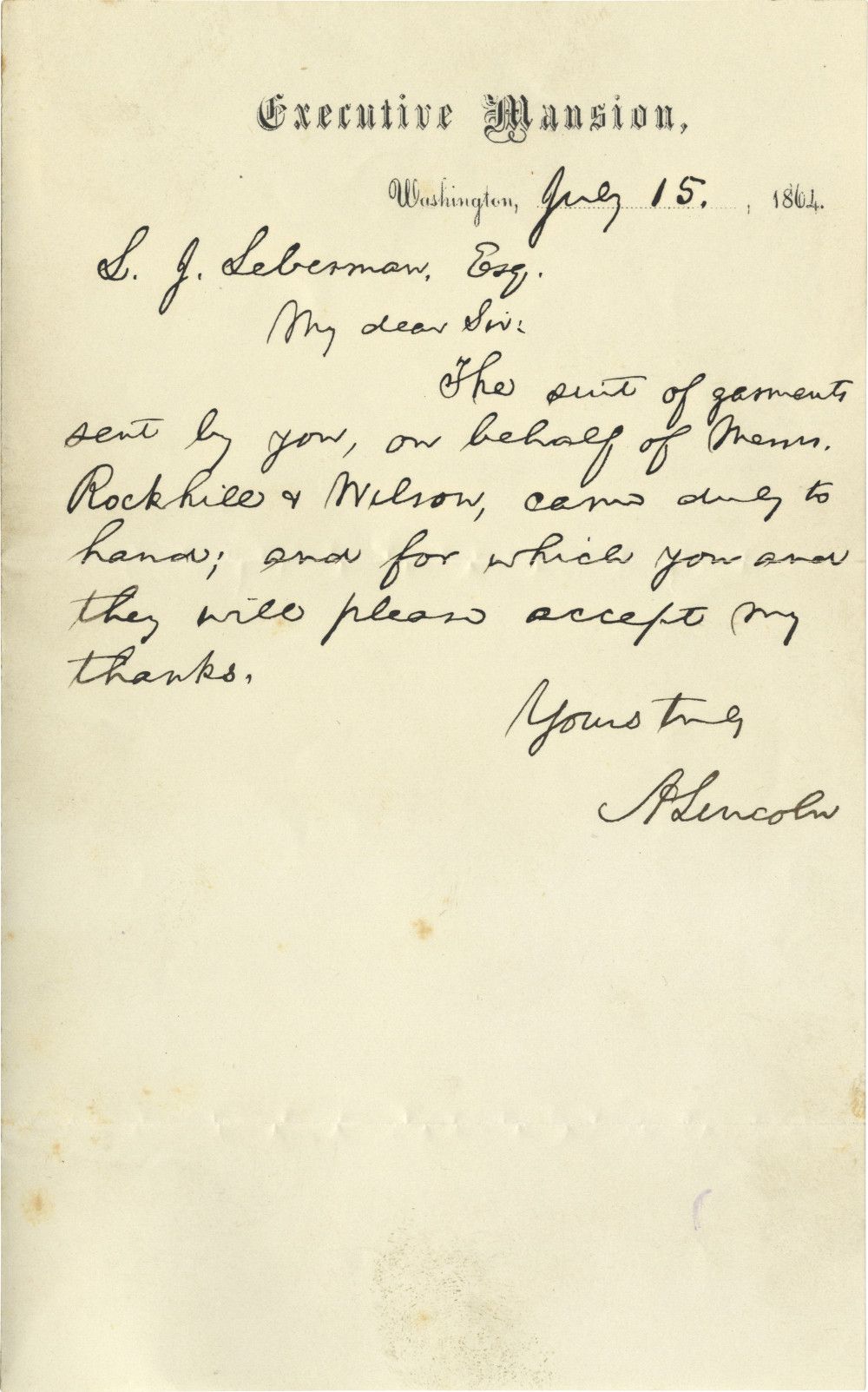 President Abraham Lincoln Thanks a Jewish Philadelphian for the Gift of a Suit