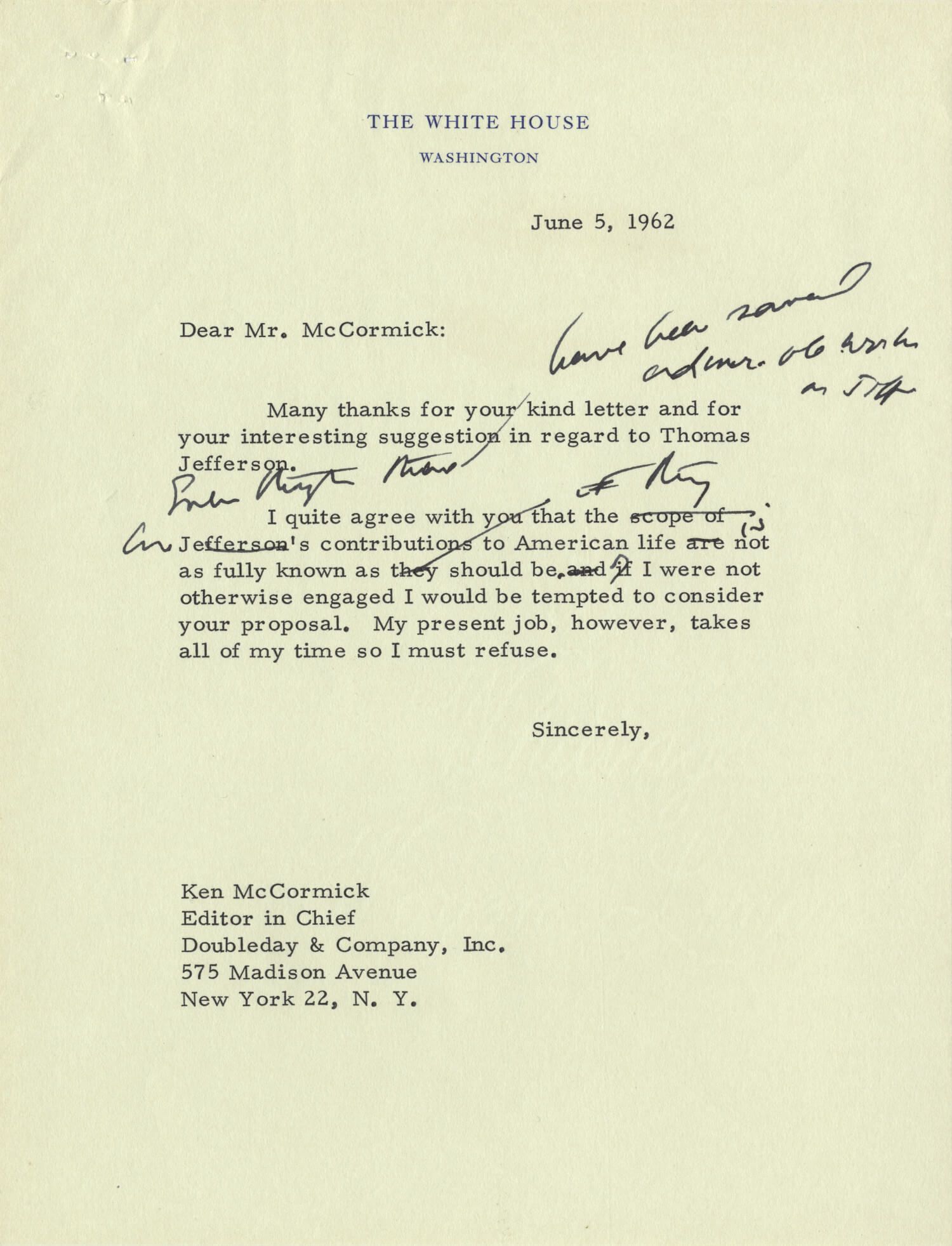President John F. Kennedy Polishes a Letter Declining to Write a Book on Thomas Jefferson 